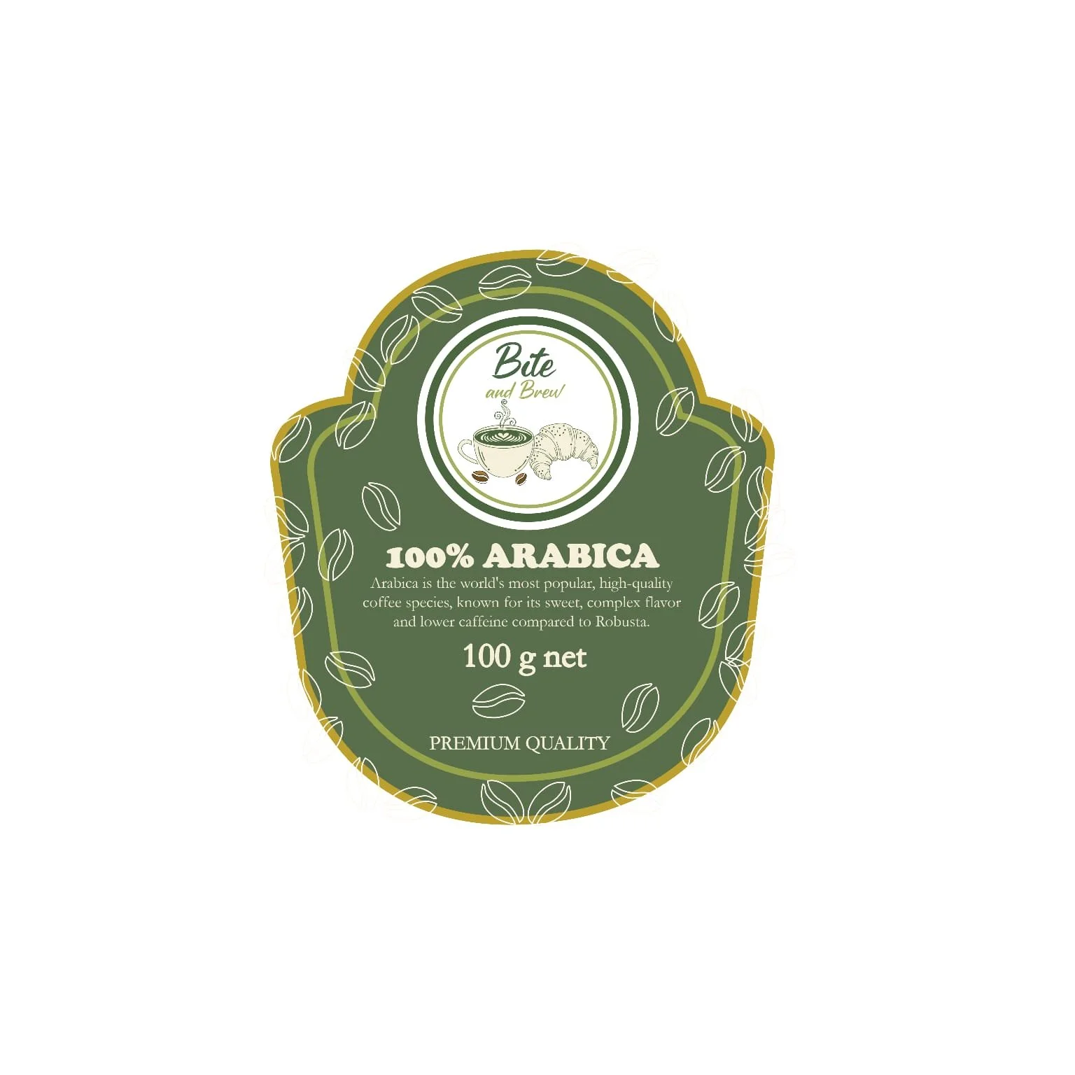 Green coffee label with white and gold accents, displaying a logo with a coffee cup and croissant, and text indicating 100% Arabica coffee, 100 grams net weight, premium quality.