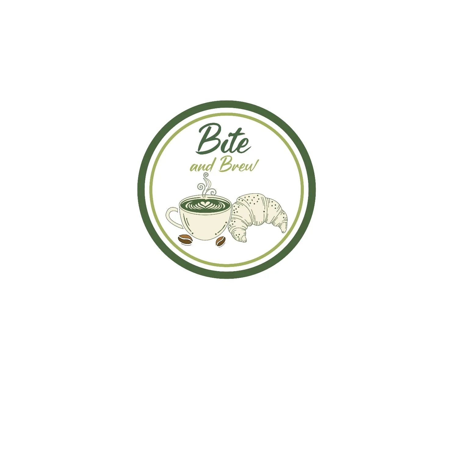 Logo for 'Bite and Brew' featuring a steaming coffee cup, a croissant, and coffee beans, with green and beige colors.