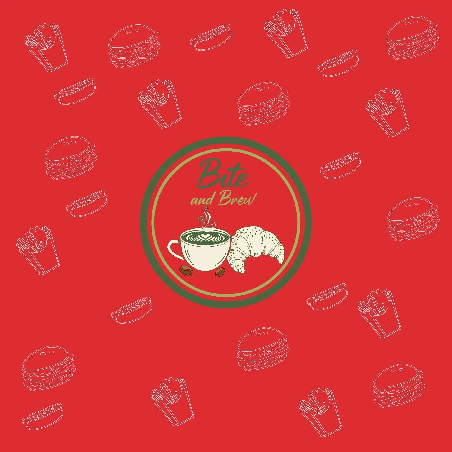 Red menu cover with white outline illustrations of burgers, fries, and a coffee cup in the center, with the text 'Bite and Brew' inside a green circle.