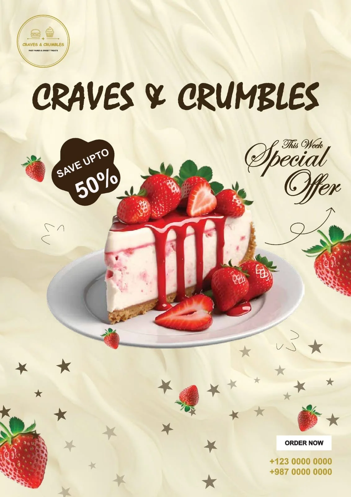 A promotional poster for Craves & Crumbles bakery features a cheesecake topped with strawberries and strawberry syrup, with additional strawberries around it. The background is cream-colored with small strawberries and stars scattered, and text annou