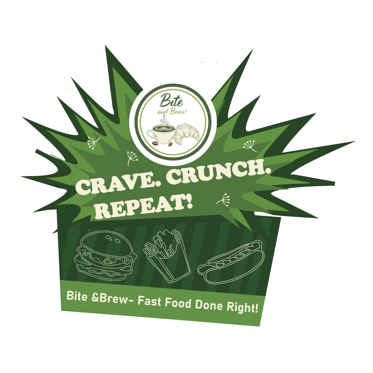 Logo for Bite & Brew fast food restaurant with the slogan "Crave. Crunch. Repeat!" featuring a green leafy background, a cup of coffee with a croissant, and line drawings of a burger, fries, and hot dog.