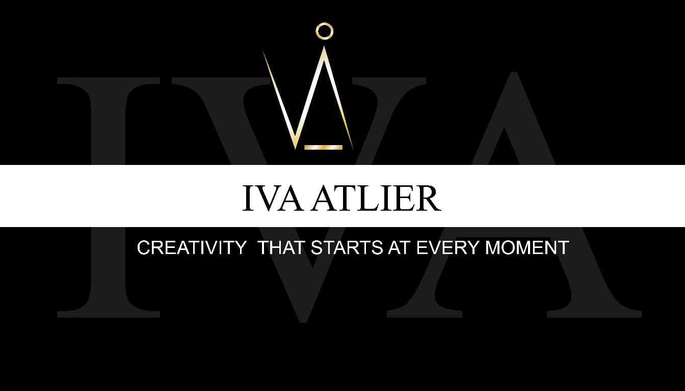 Logo with a black background, gold and white crown symbol at the top, white band with black text stating 'IVA ATLIER', and below it a black band with white text saying 'CREATIVITY THAT STARTS AT EVERY MOMENT'.