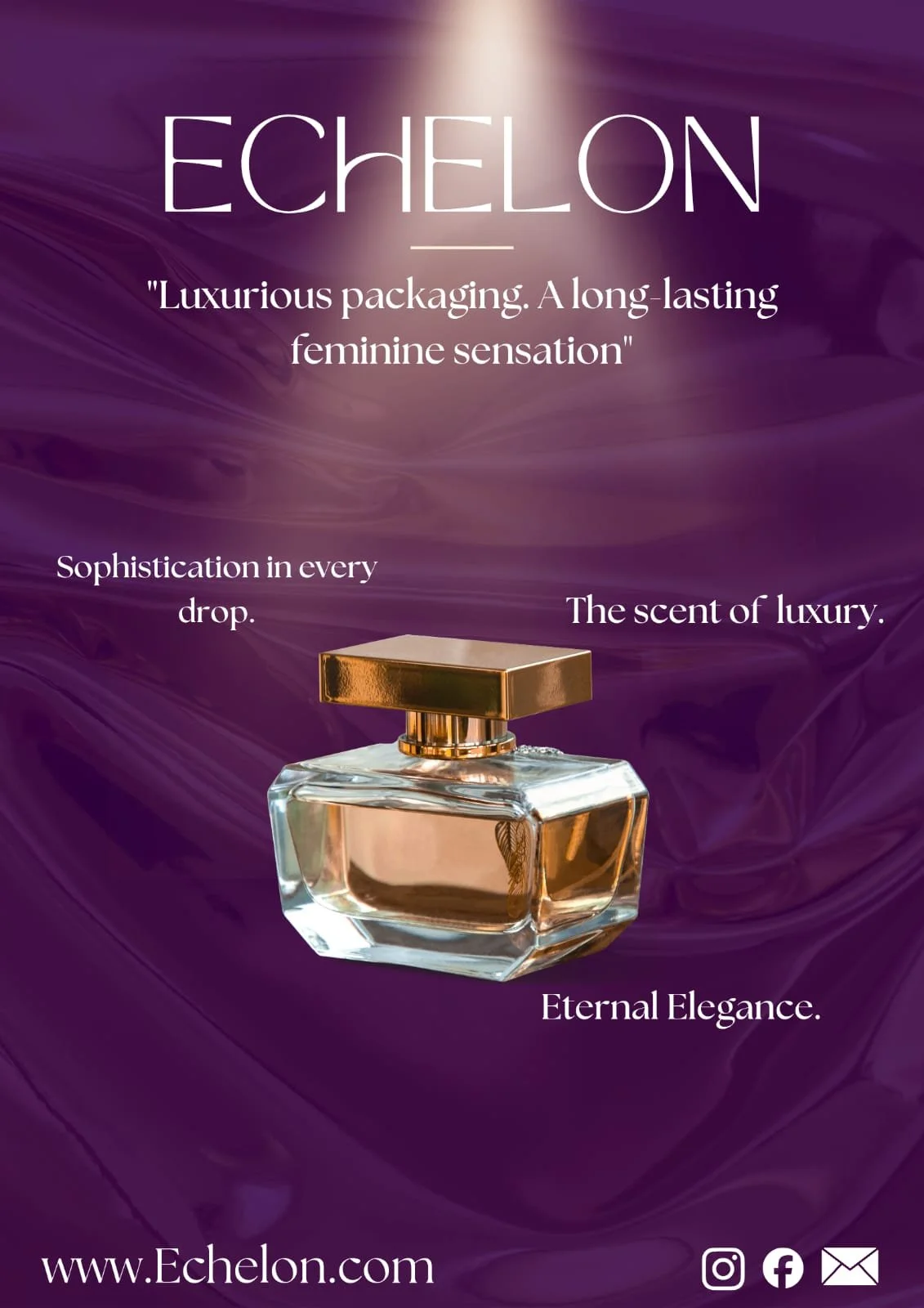 A perfume bottle with a gold cap on a purple background, promotional ad for Echelon perfume with description and website.