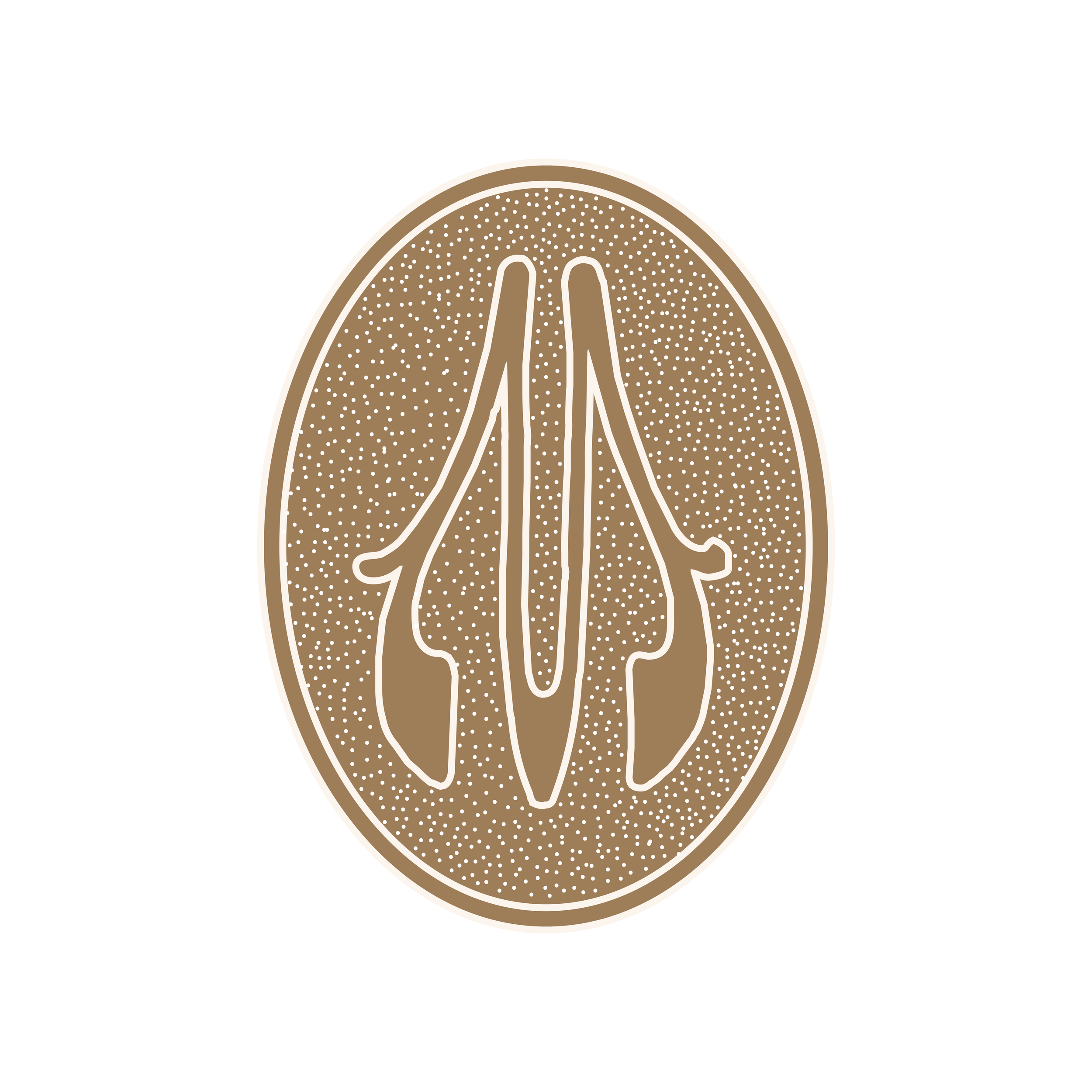 An artistic illustration of a cross-section of a brain in shades of brown with white dotted texture on black background. A debossed secondary version of our Monogramme logo.