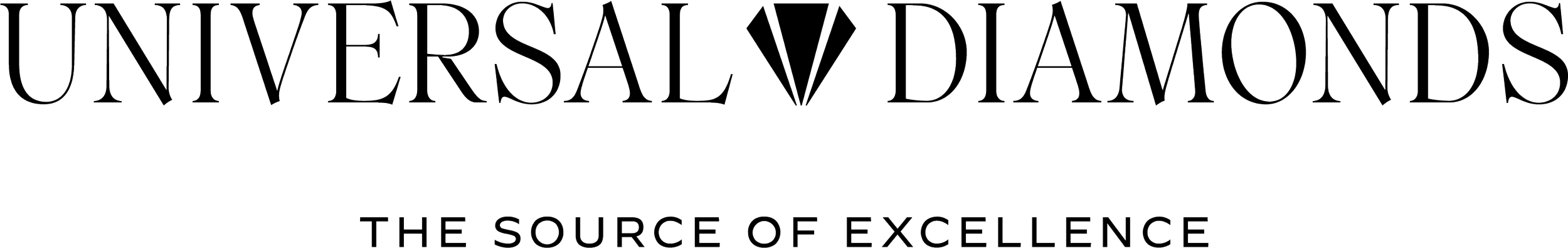 Black and white logo for Universal Diamonds with the tagline 'The Source of Excellence' in uppercase letters.