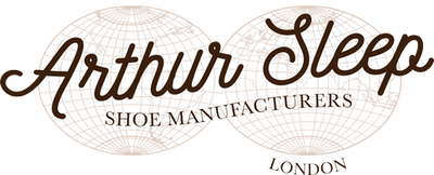 Logo for Arthur Sleep Shoe Manufacturers featuring a globe, with the brand name in cursive and the location London.
