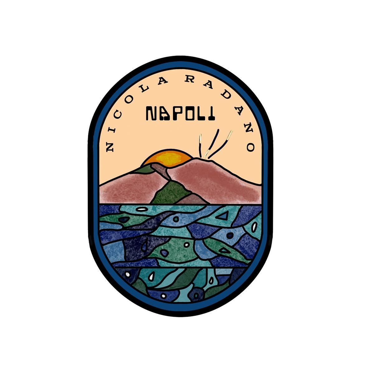Illustration of a stained glass-style logo with mountains, sea, and sun, containing text 'Napoli' and 'In collana radan o'.
