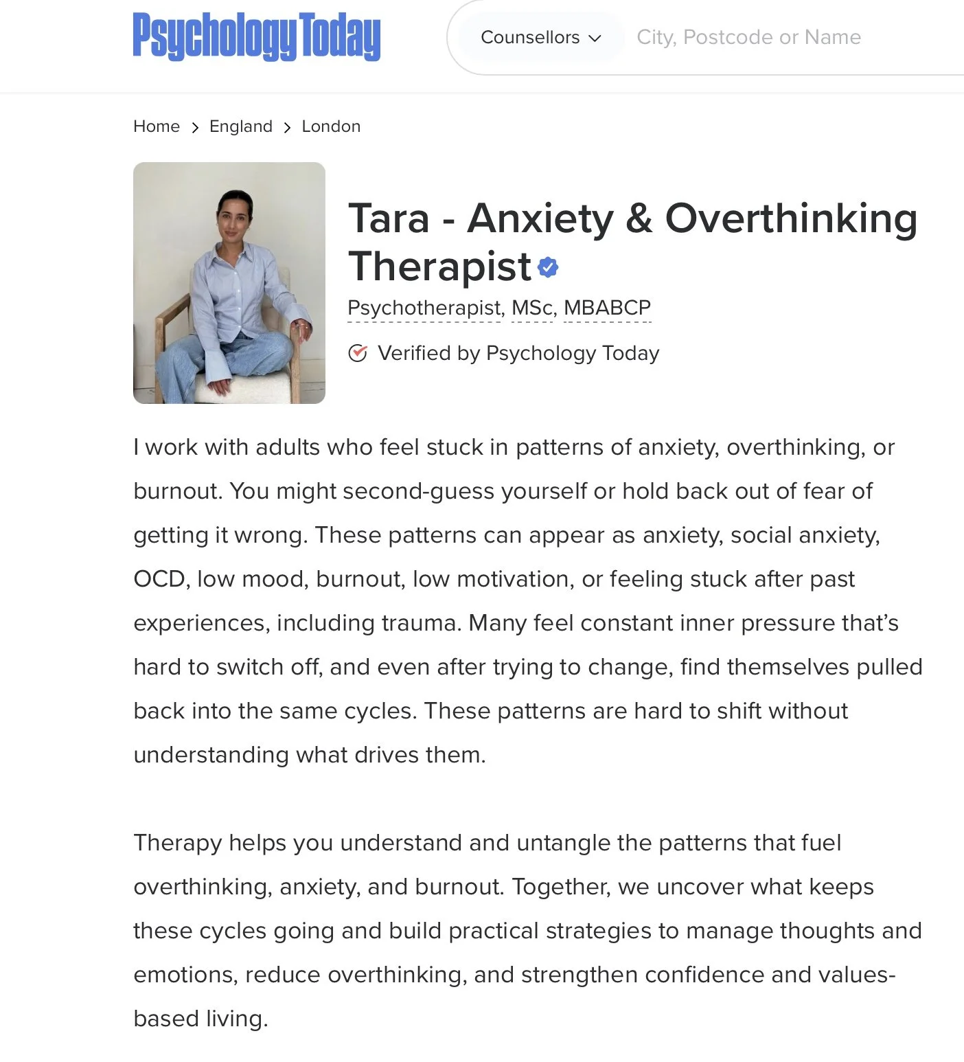 A screenshot of a psychology therapy webpage featuring Tara, an anxiety and overthinking therapist. The page includes Tara's photo, her name, credentials, and a description of her work helping adults with anxiety, overthinking, burnout, and related issues.