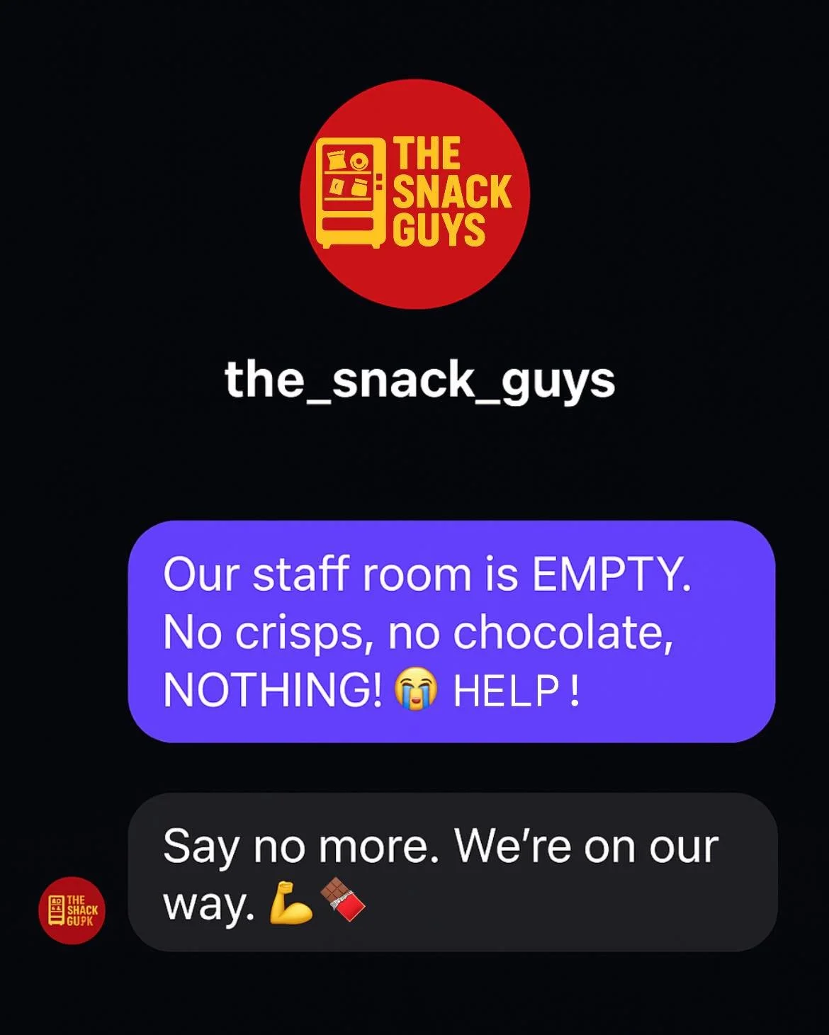 🚨 Help is on the way! 🚨
Empty staff rooms? No crisps, no chocolate, no fun? 🍫🥤

That&rsquo;s where The Snack Guys step in. We bring hassle-free vending solutions straight to your workplace &mdash; stocked, maintained, and ready to fuel your team&