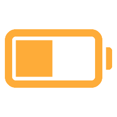 Icon of a low battery indicator, showing a nearly empty battery in orange and black.