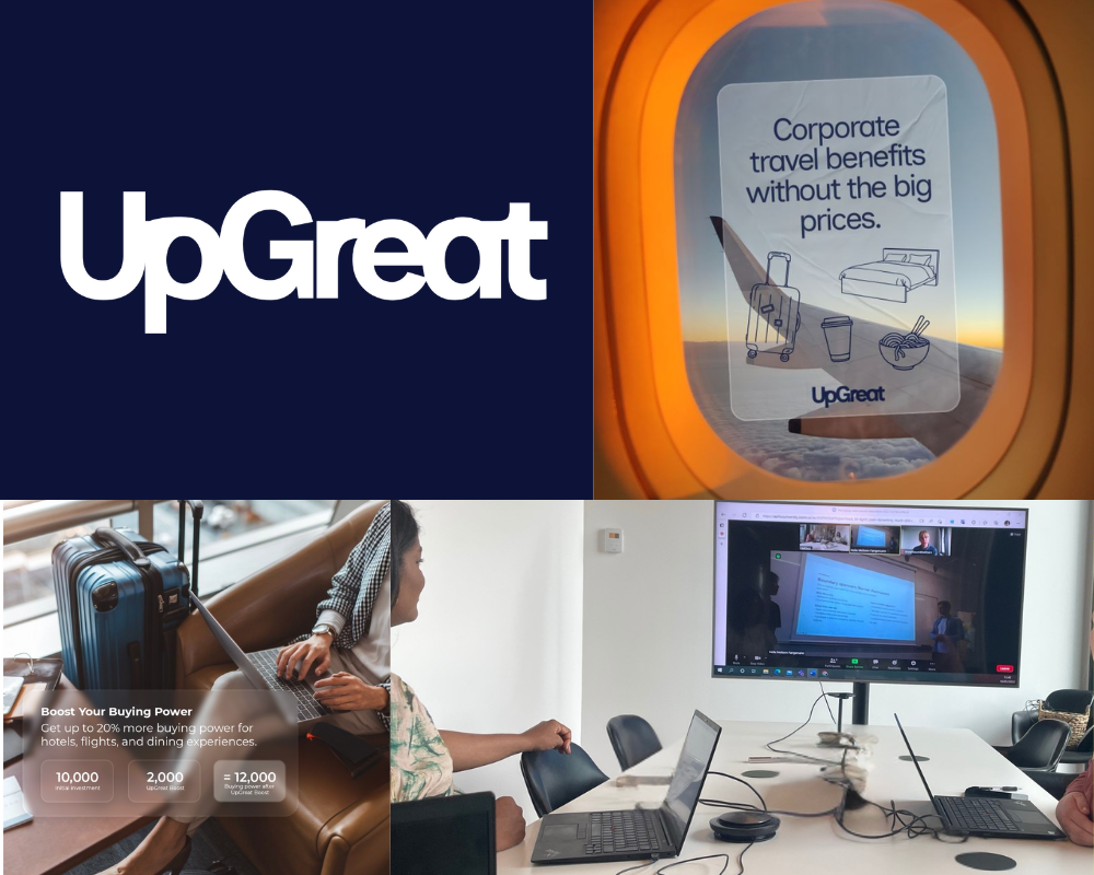 Four-panel collage: 1) UpGreat logo on a dark blue background, 2) An airplane window with a sign promoting corporate travel benefits, 3) A traveler at an airport seat with a suitcase and a laptop, 4) A conference room with people on a video call and a large monitor displaying a presentation.