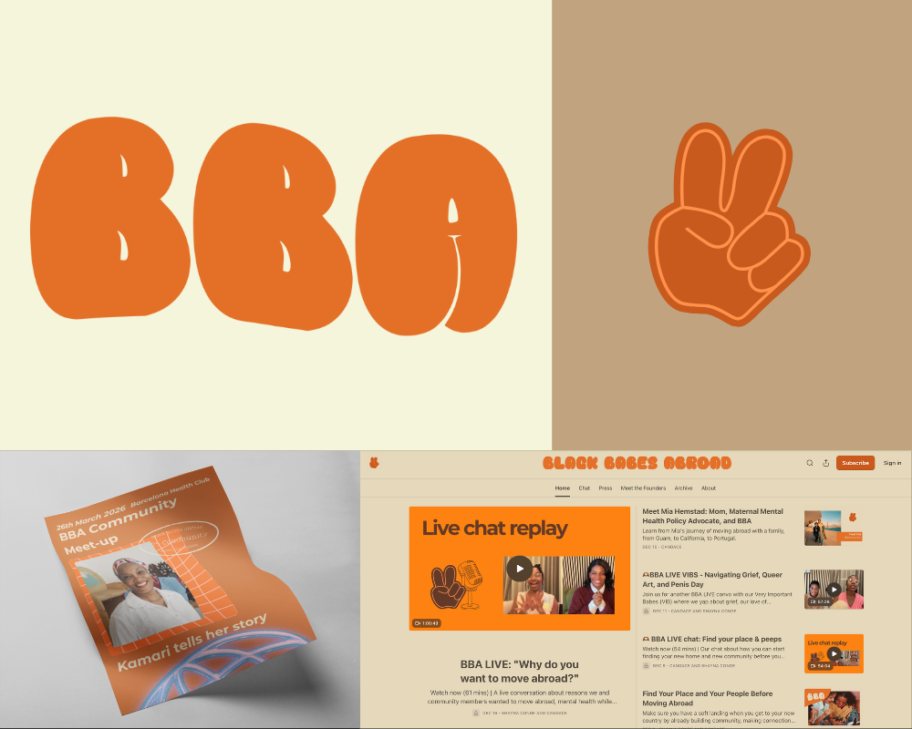 A colorful digital collage featuring the word 'BBO' in large, rounded orange letters, a peace sign hand gesture, a webpage screenshot of a live chat replay from a health community, and a magazine cover with a woman and the caption 'Kamari tells her story'.