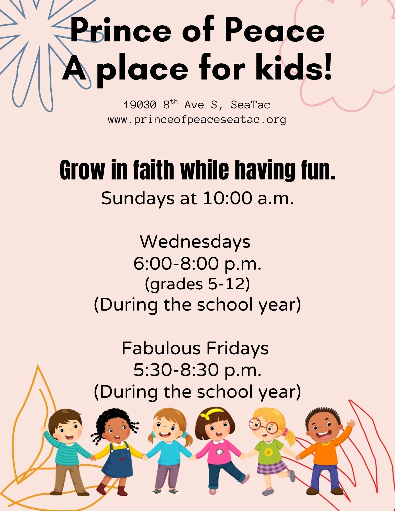 Flyer for a youth group meeting at Prince of Peace Lutheran Church, featuring colorful text, a cross, and diverse children and adults.
