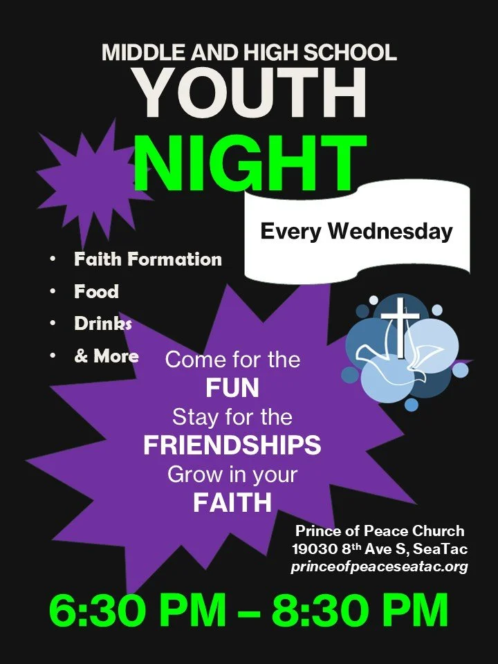 Flyer for a youth group meeting at Prince of Peace Lutheran Church, featuring colorful text, a cross, and diverse children and adults.