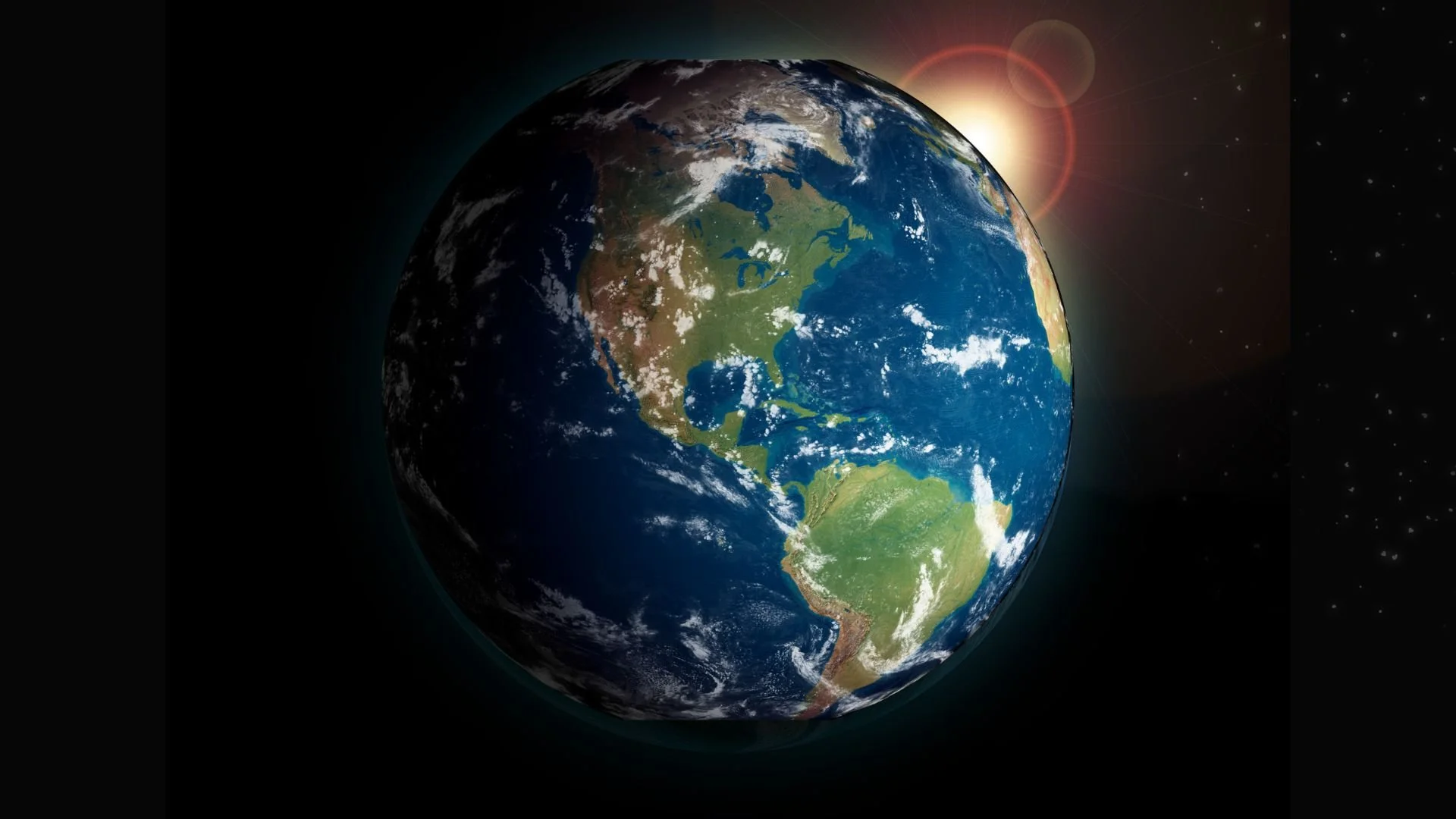 Earth from space with sunlight in the background, showing North and South America, Caribbean, and surrounding waters.