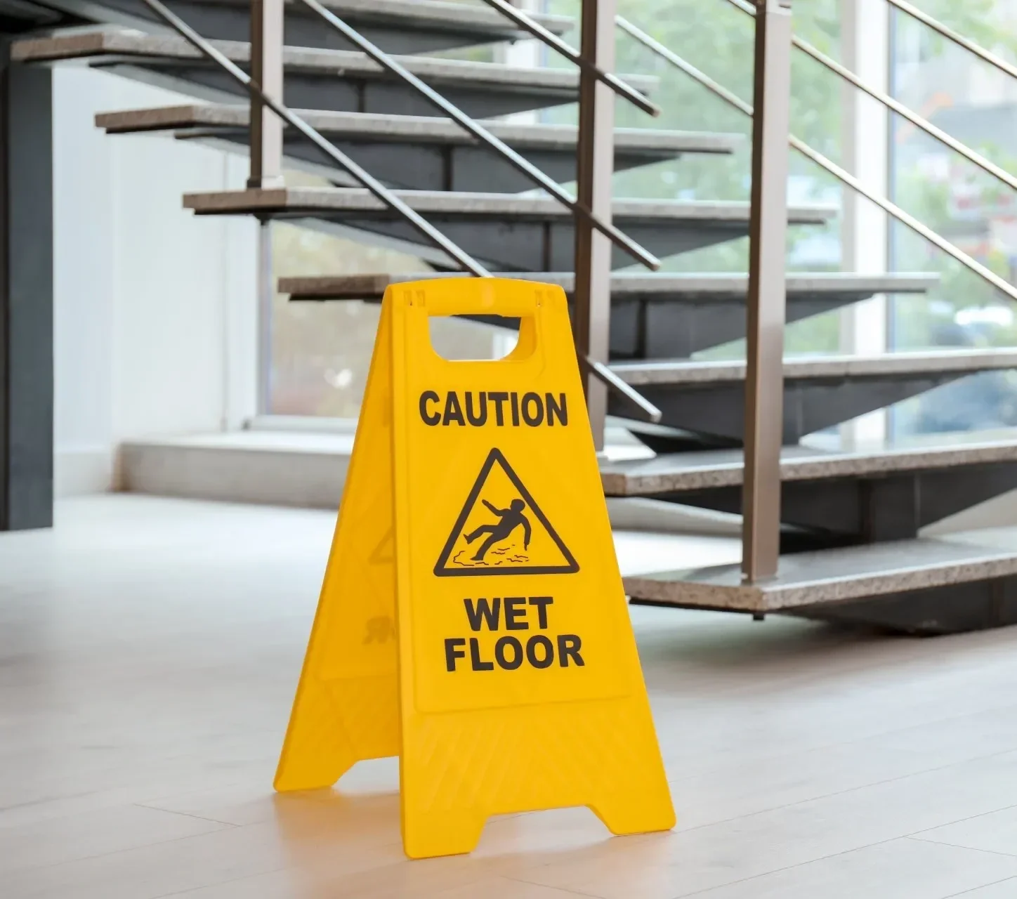 Yellow caution wet floor sign in front of a staircase.