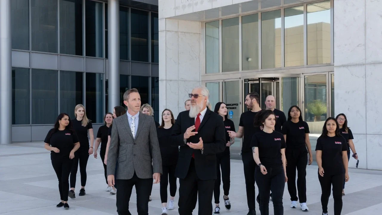 A group of people walking outside a modern building, led by two men engaged in conversation, one with sunglasses and a long beard, the other in a suit and tie.