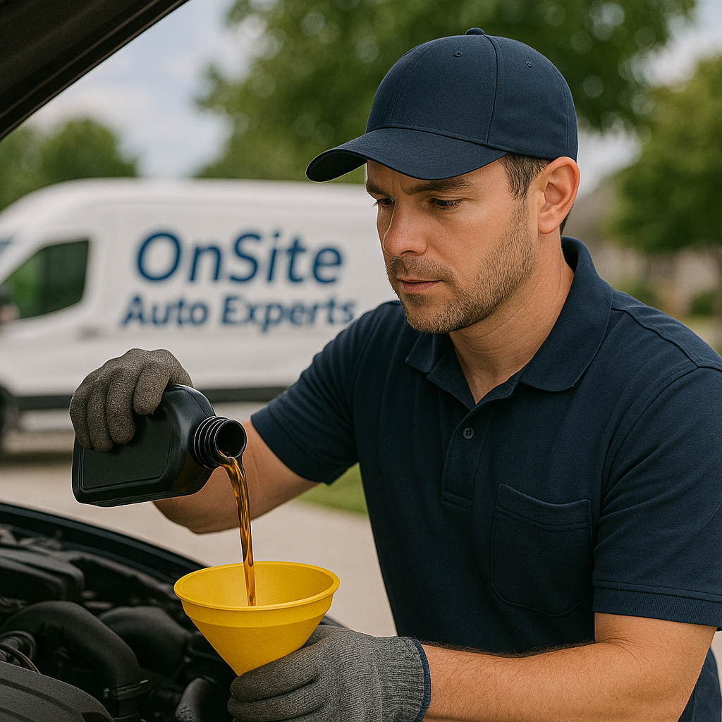 A man wearing a navy blue polo shirt, matching cap, and gray gloves is pouring motor oil into a yellow funnel under the hood of a car. In the background, a white van with blue lettering reading 'OnSite Auto Experts' is parked on a street lined with green trees.