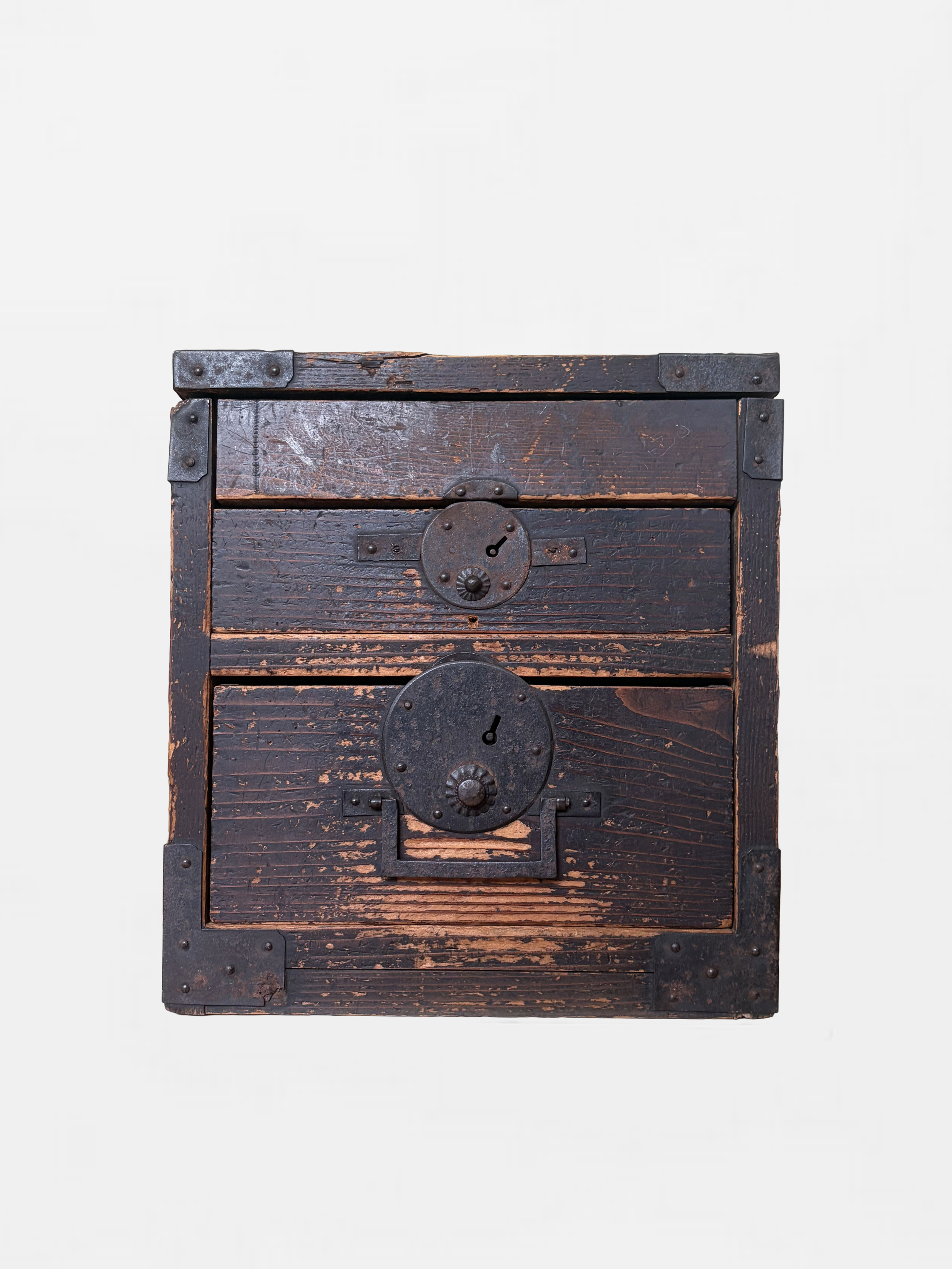 An old wooden chest with metal hardware and a lock, placed against a plain white background.