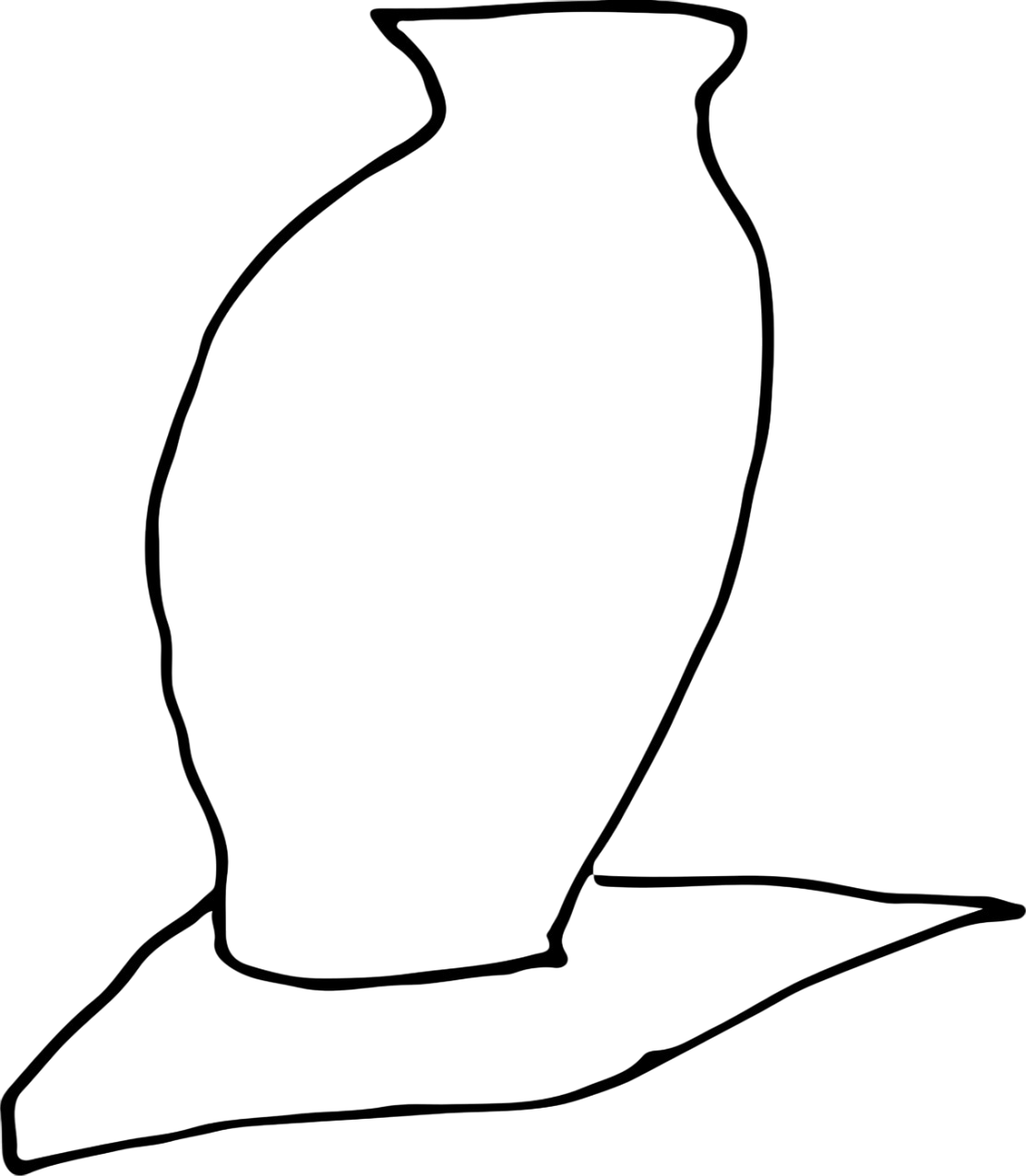 Outline drawing of a vase leaning to the right, placed on a flat surface.