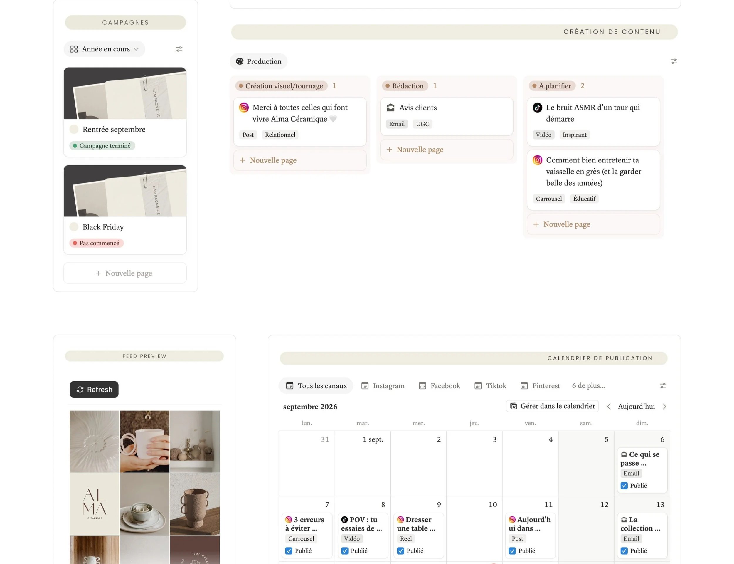 Capture d'écran d'une interface de gestion de contenu et de calendrier de publications pour une campagne marketing intitulée 'Soldes d'été 2026'.