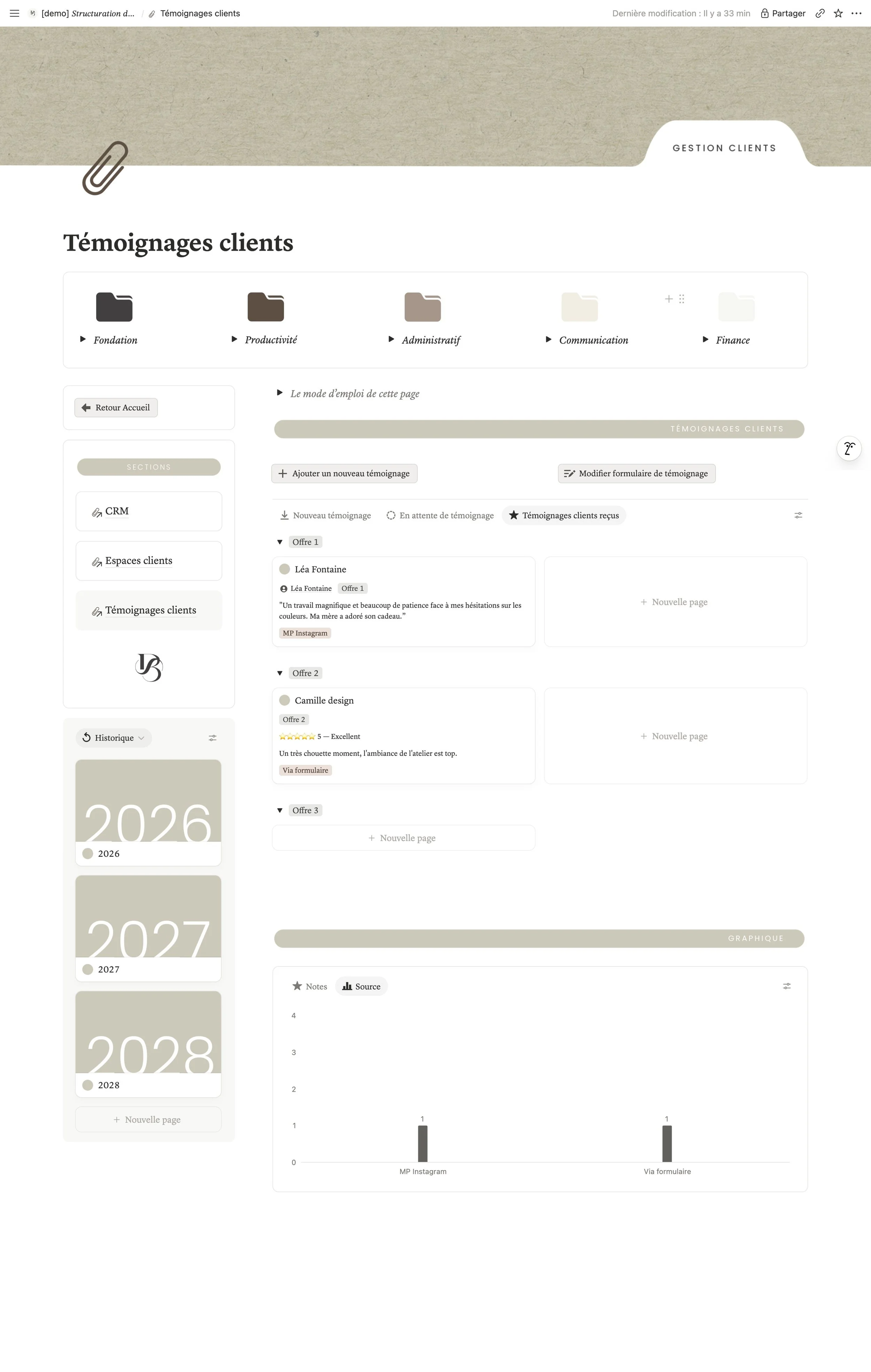 Capture d'écran d'une page web présentant des témoignages clients, avec des sections pour la gestion des clients, un retour à l'accueil, un rendu pour la gestion clients, des témoignages, un formulaire, et une mention pour l'année 2026.
