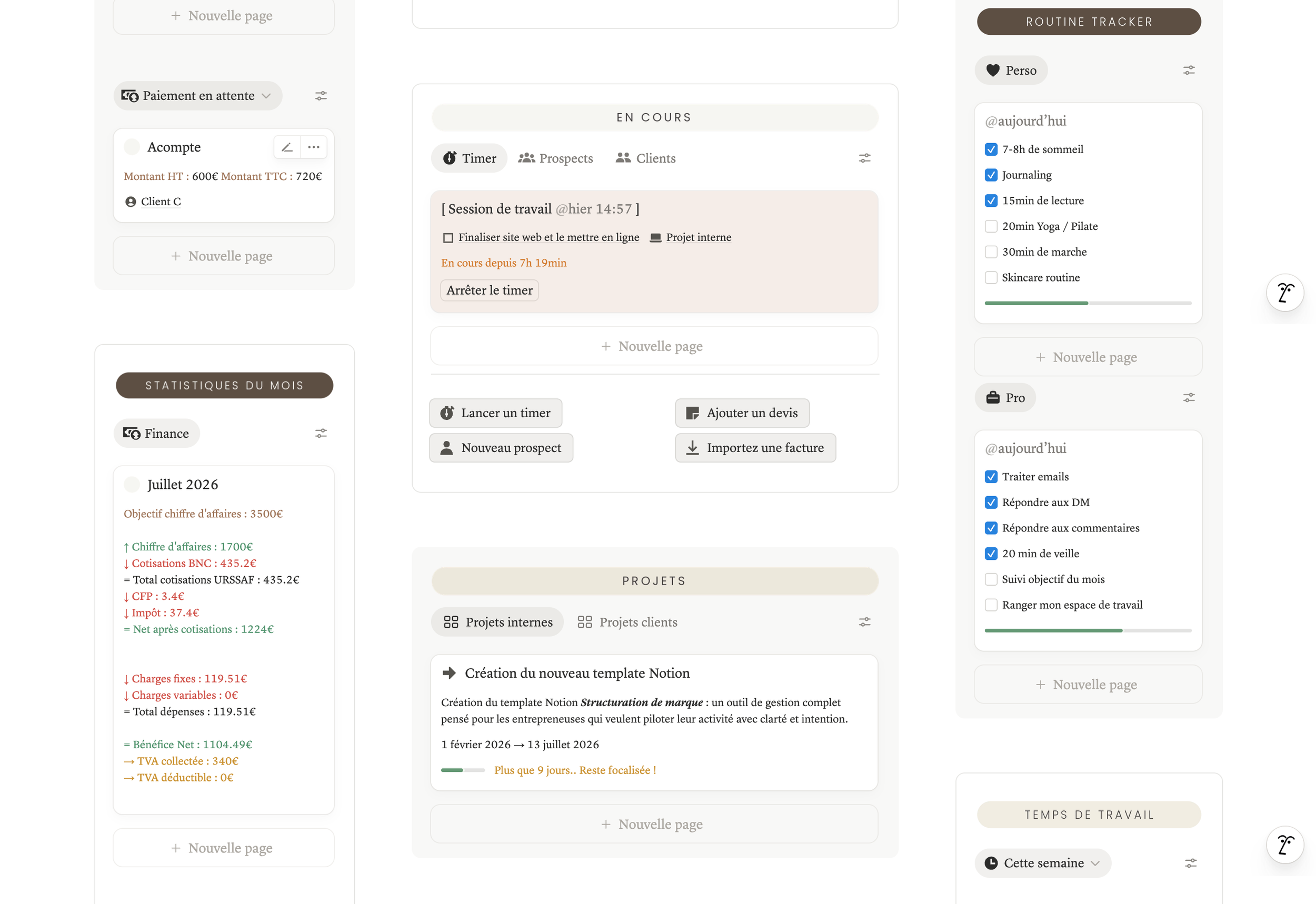 Capture d'écran d'une interface de gestion de projets et de finances personnelle, incluant des statistiques, une section de suivi de routine quotidienne, et des fonctionnalités pour la création et la gestion de projets.