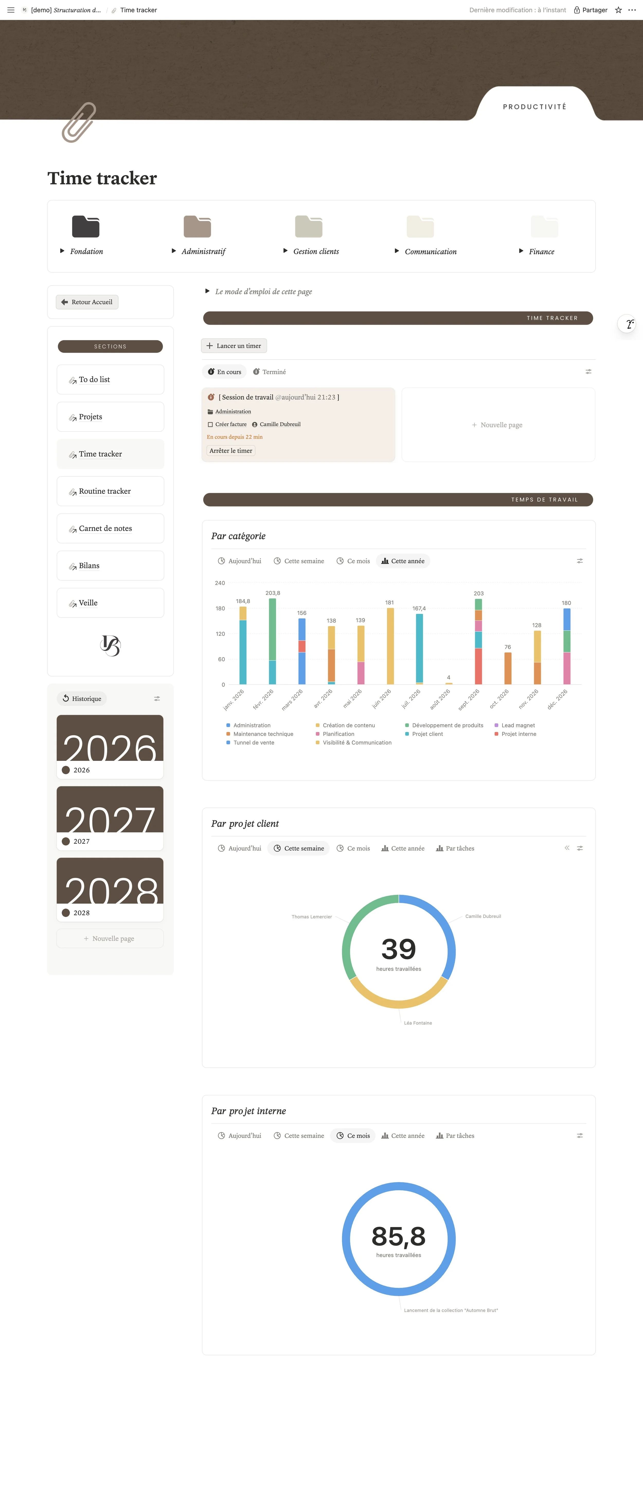 Tableau de bord d'un logiciel de gestion de temps, montrant un graphique circulaire avec 24 heures travaillées, un calendrier avec différentes catégories de temps, et des sections pour des projets, des tâches et un suivi du temps.