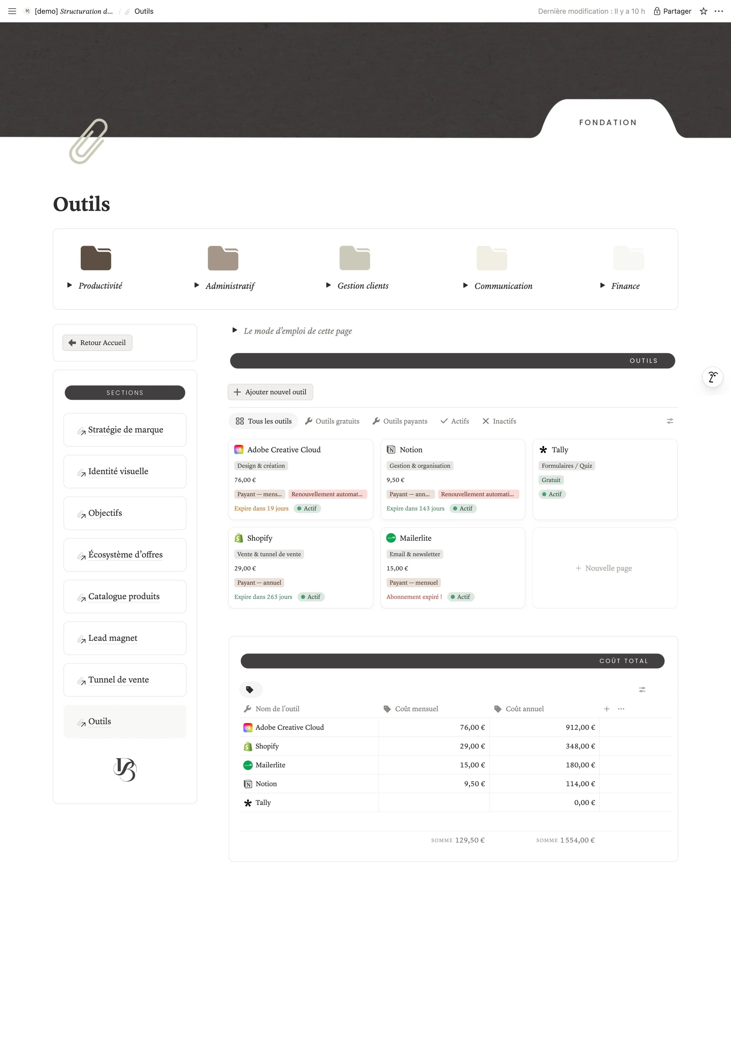 Page web avec un menu d'outils, options pour gérer les outils, leurs catégories, et leurs prix, affichant des fonctionnalités comme l'achat, l'activation, et la durée de validité des outils.