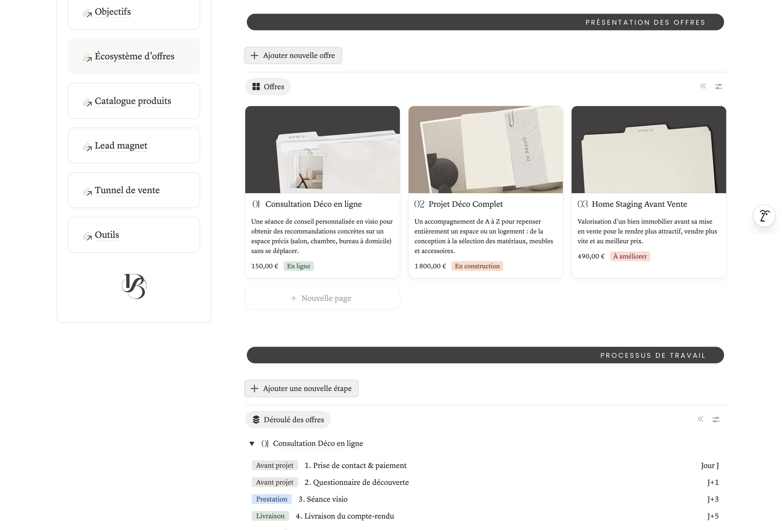 Capture d'écran d'une interface de site web ou de plateforme numérique présentant des offres liées à la décoration et à l'aménagement intérieur, avec différentes options et étapes de processus de travail.