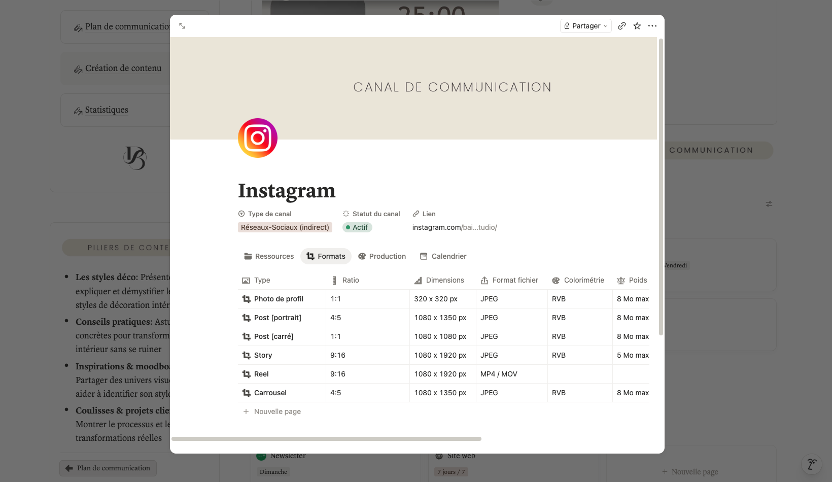 Capture d'écran d'une fiche de configuration pour un canal Instagram, comprenant les ressources, formats, production et calendrier. La fiche détaille différentes tailles et formats d'images et vidéos pour Instagram.
