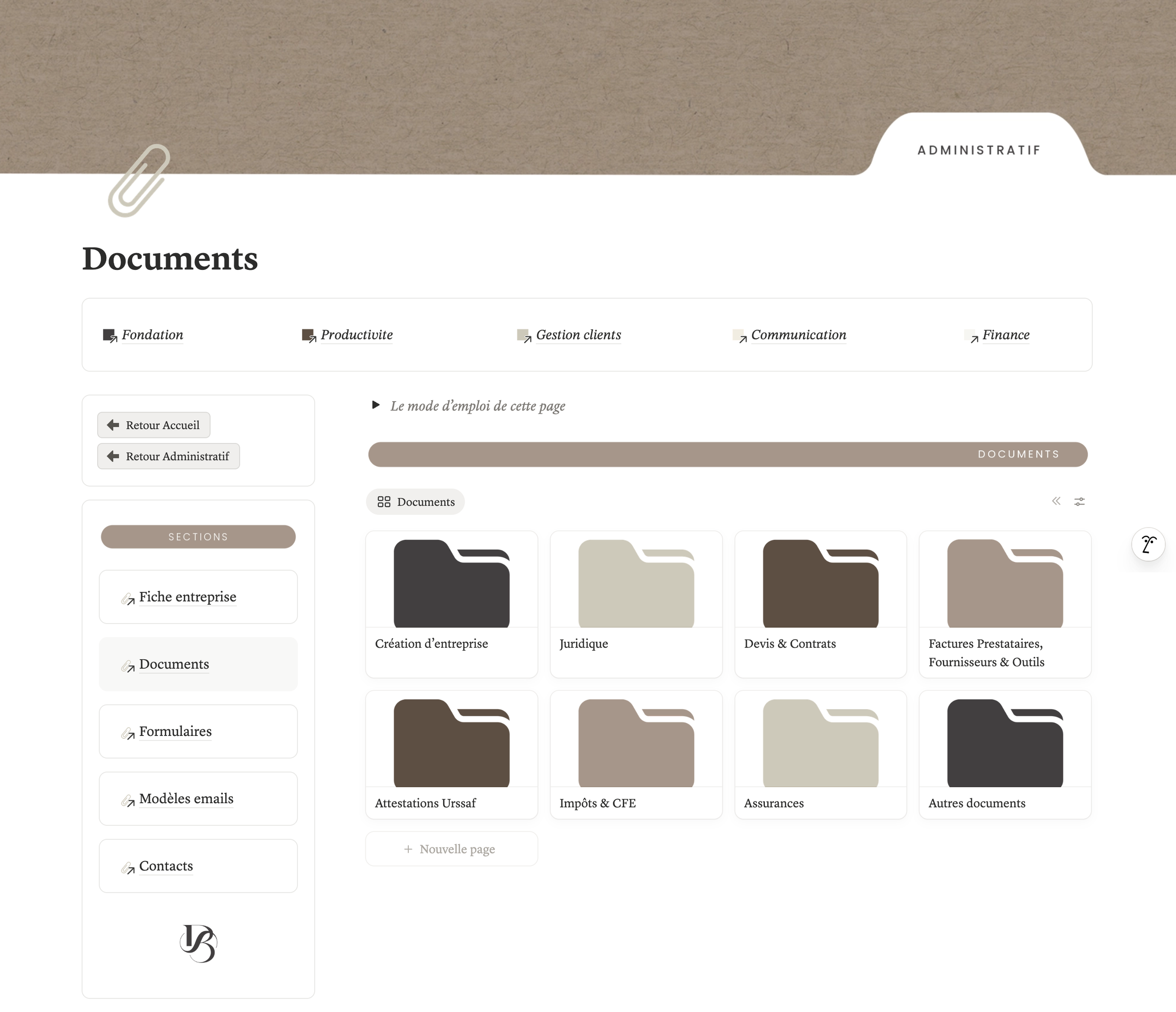 Capture d'écran d'une page de site web avec un menu de navigation et différentes sections, incluant des dossiers et des documents liés à des thèmes administratifs comme la création d'entreprise, la fiscalité, et les assurances, avec des boutons de navigation pour retourner à l'accueil et à l'administration.