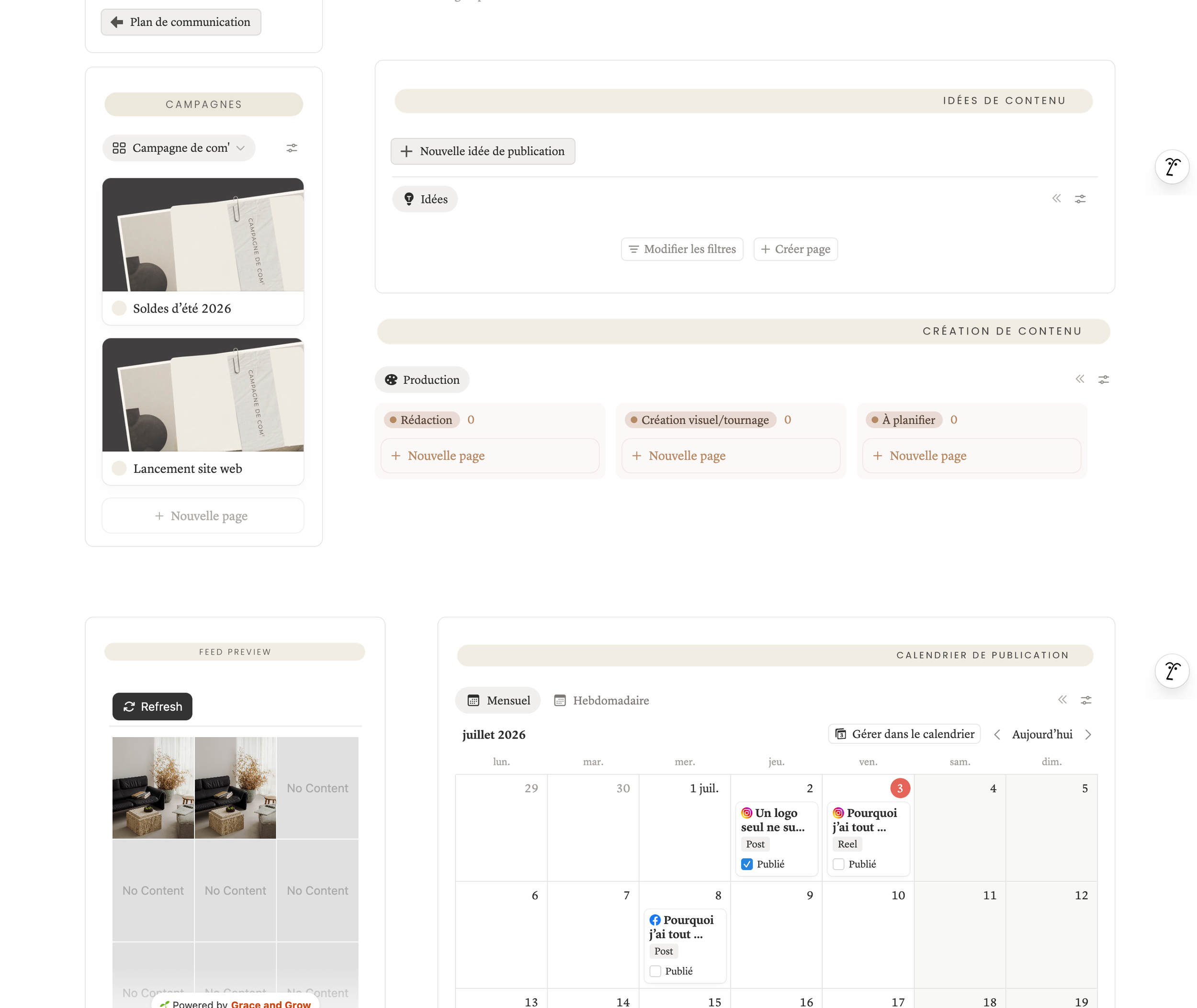 Capture d'écran d'une interface de gestion de contenu et de calendrier de publications pour une campagne marketing intitulée 'Soldes d'été 2026'.