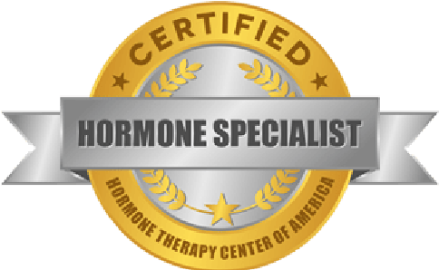 Certified Hormone Specialist badge with gold, silver, and black design, indicating expertise in hormone therapy from a healthcare center.