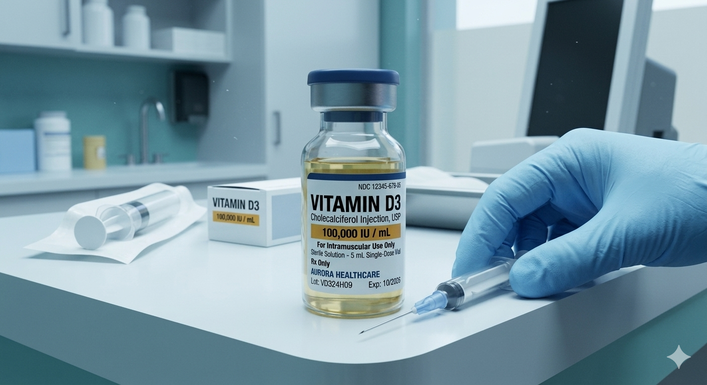 A healthcare worker wearing blue gloves is preparing a vial of Vitamin D3 injection with a syringe on a white medical table.