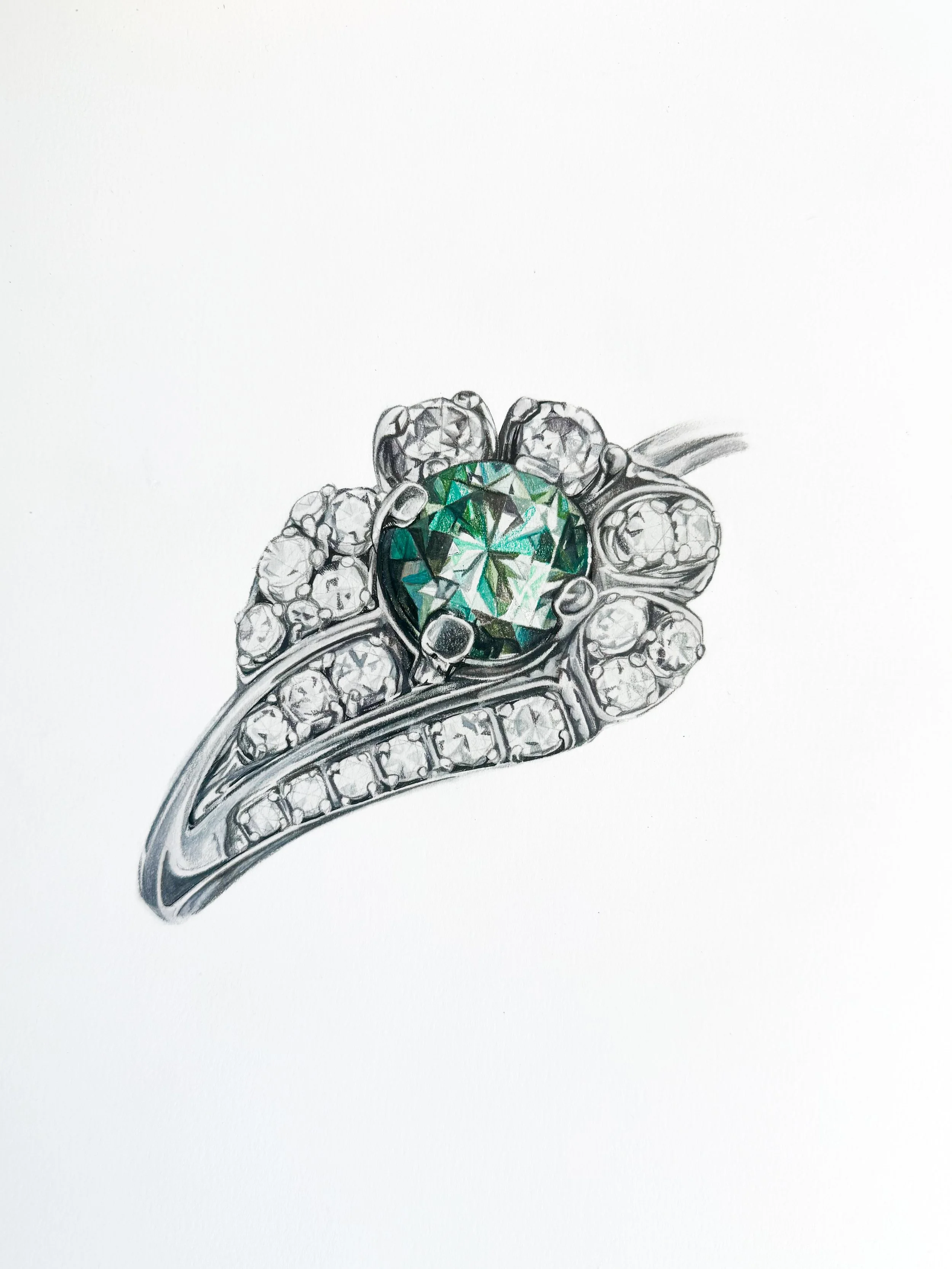 Custom realistic colored pencil drawing of a ring with a large emerald-cut green gemstone surrounded by smaller white diamonds on a white background.