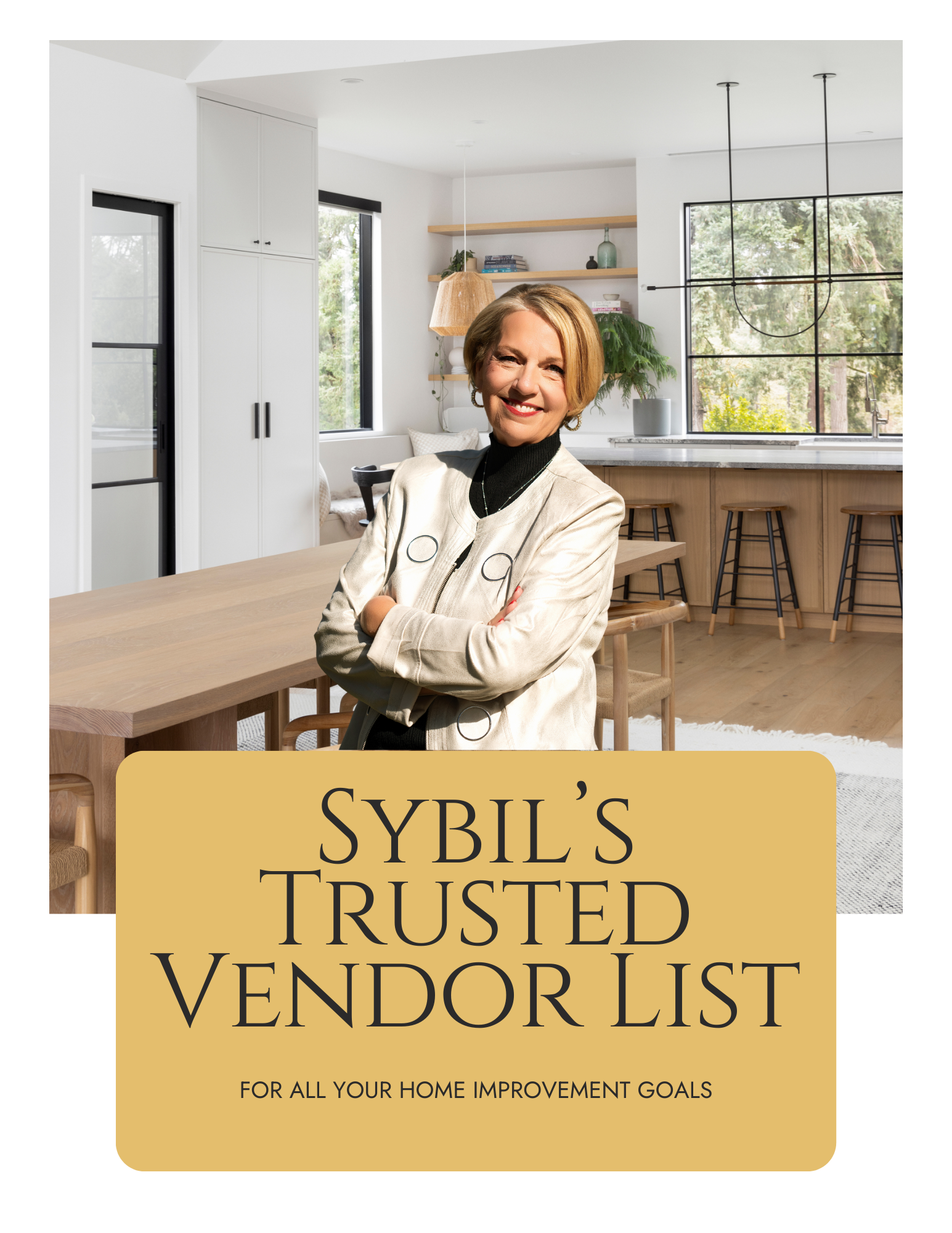 Cover of a home improvement guide titled "Sybil's Trusted Vendor List" with a woman smiling in a modern, bright kitchen.
