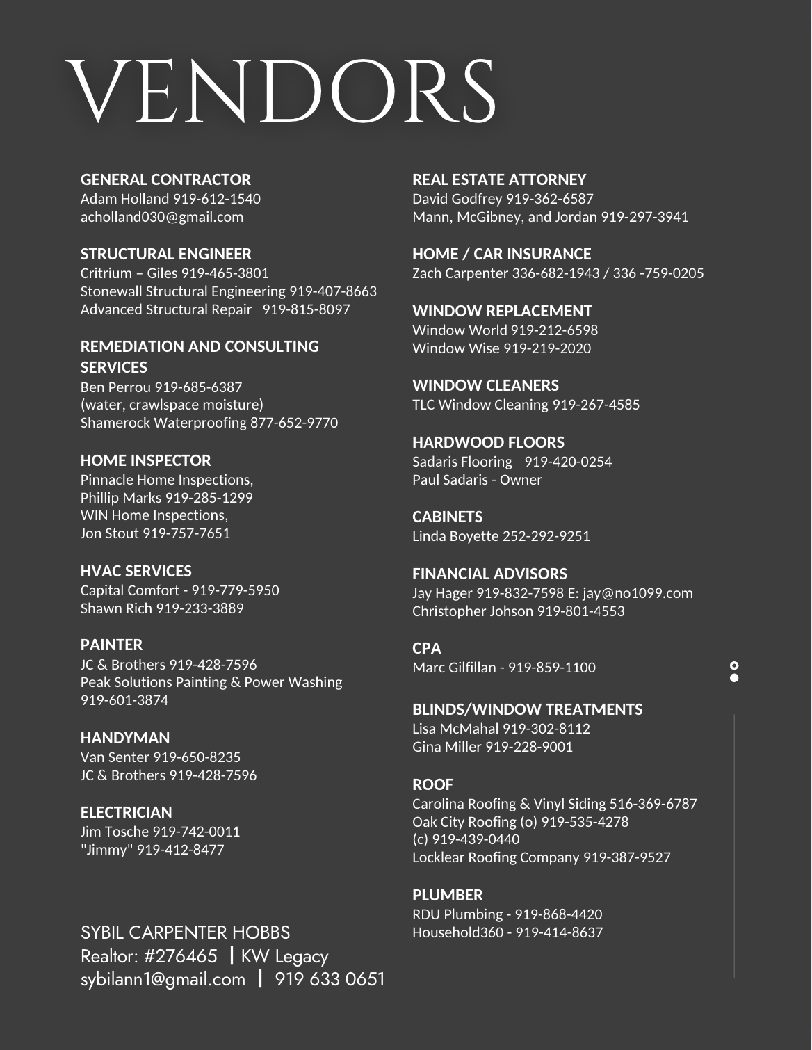 List of vendor services including general contractor, structural engineer, remediation, home inspector, HVAC, painter, handyman, electrician, real estate attorney, home/car insurance, window replacement, window cleaners, hardwood floors, cabinets, financial advisors, CPA, blinds/window treatments, roof, plumber, and real estate agent with contact information.