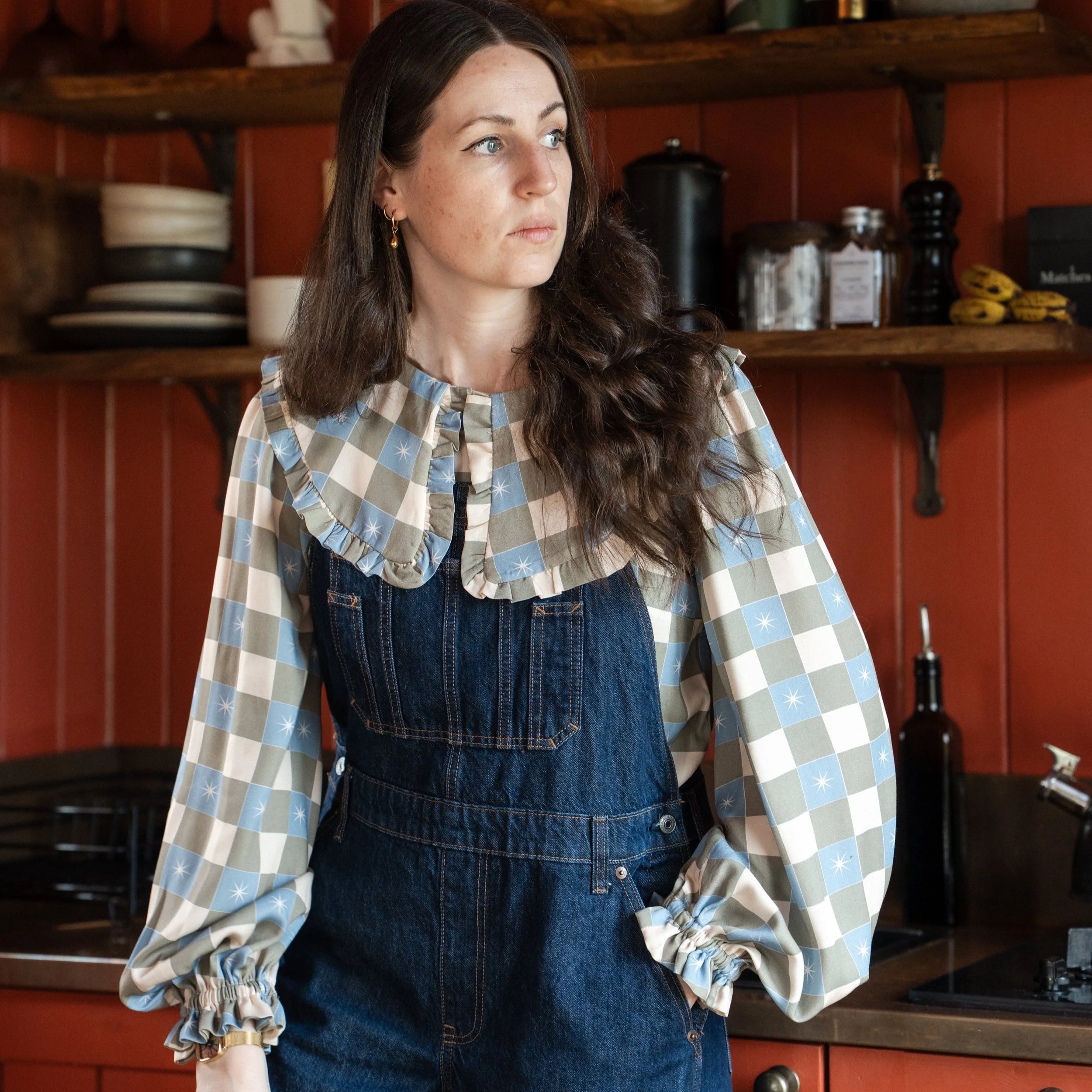 Green Checked Star Print Frill Collared Blouse