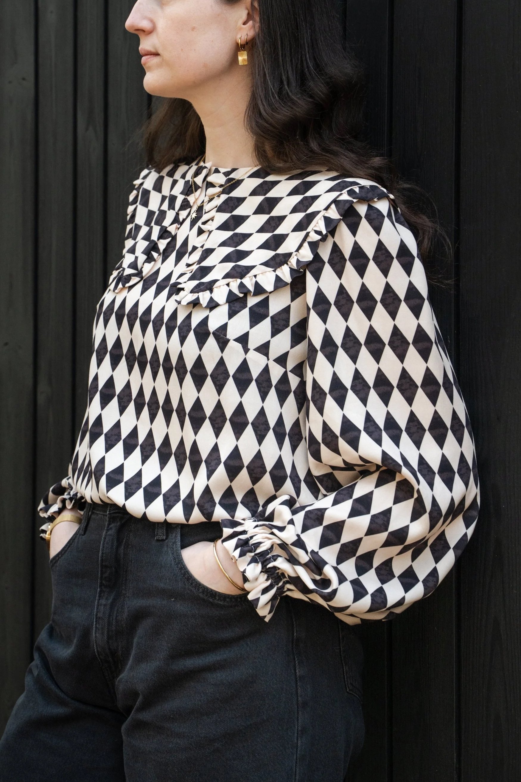 Harlequin Printed Blouse with oversized collar