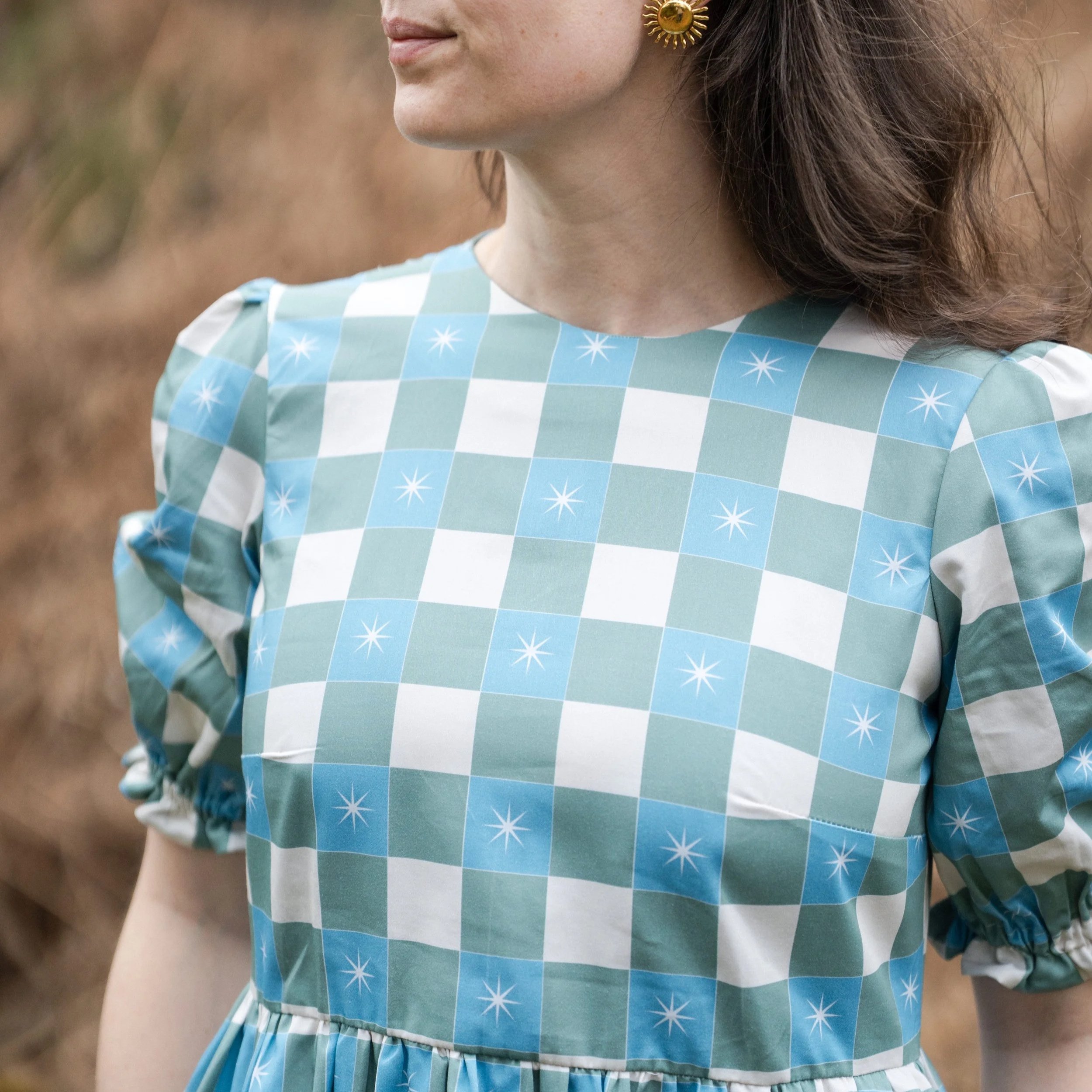 Green Checked Star Print Midi Dress