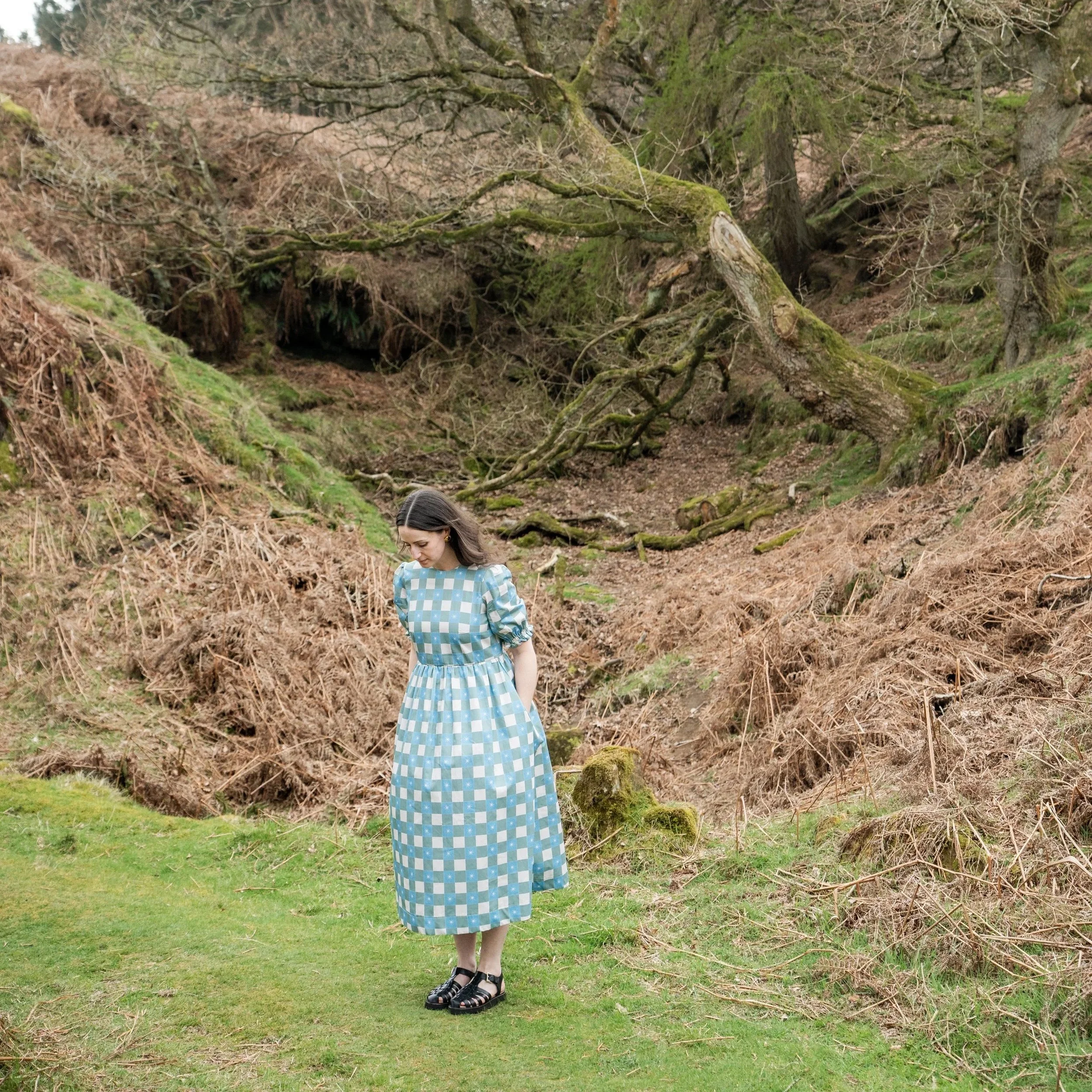 Green Checked Star Print Midi Dress