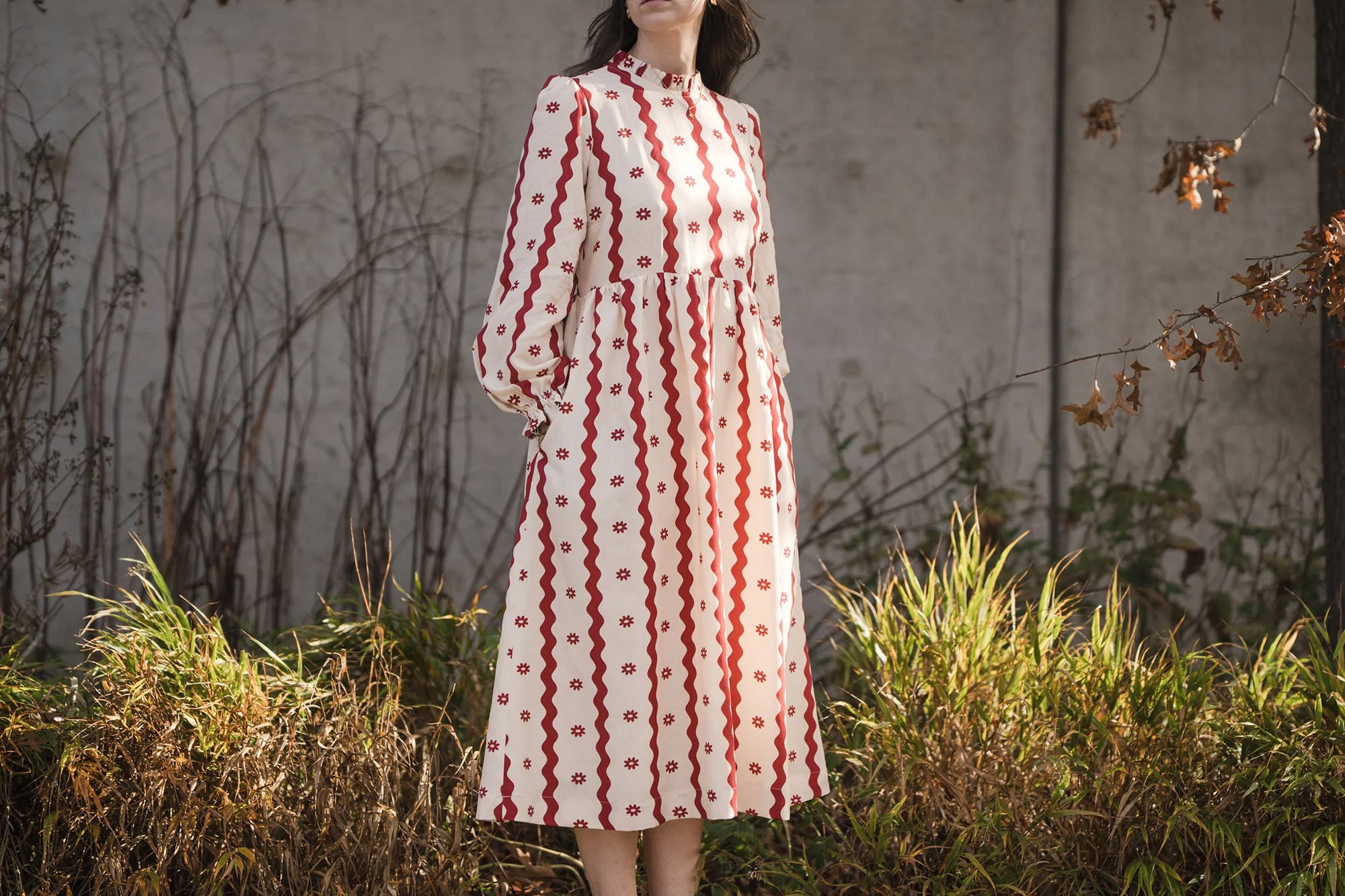A red and white floral midi dress with fully lined skirt, made in inclusive sizes to order, handmade in England