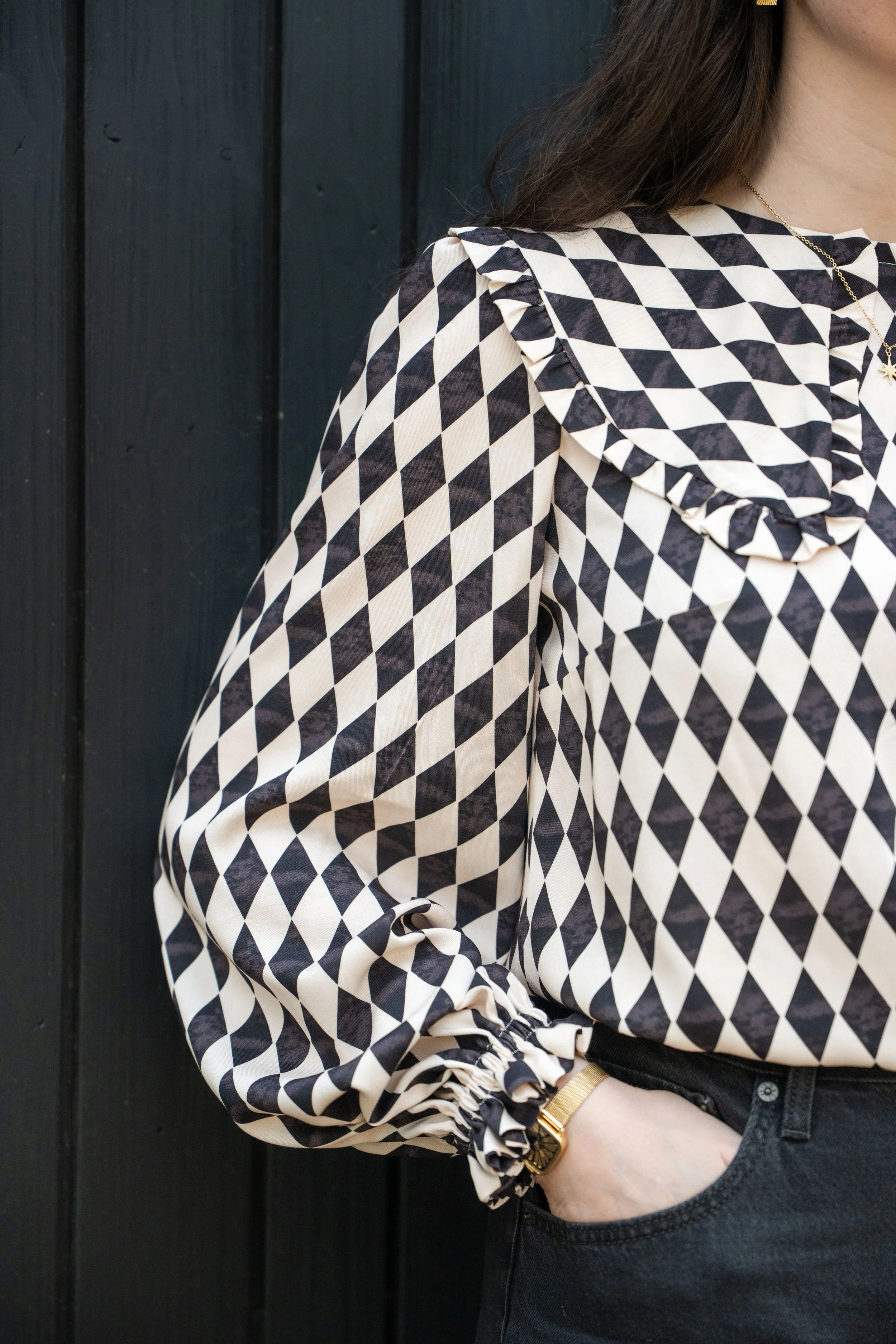 Harlequin Printed Blouse with oversized collar