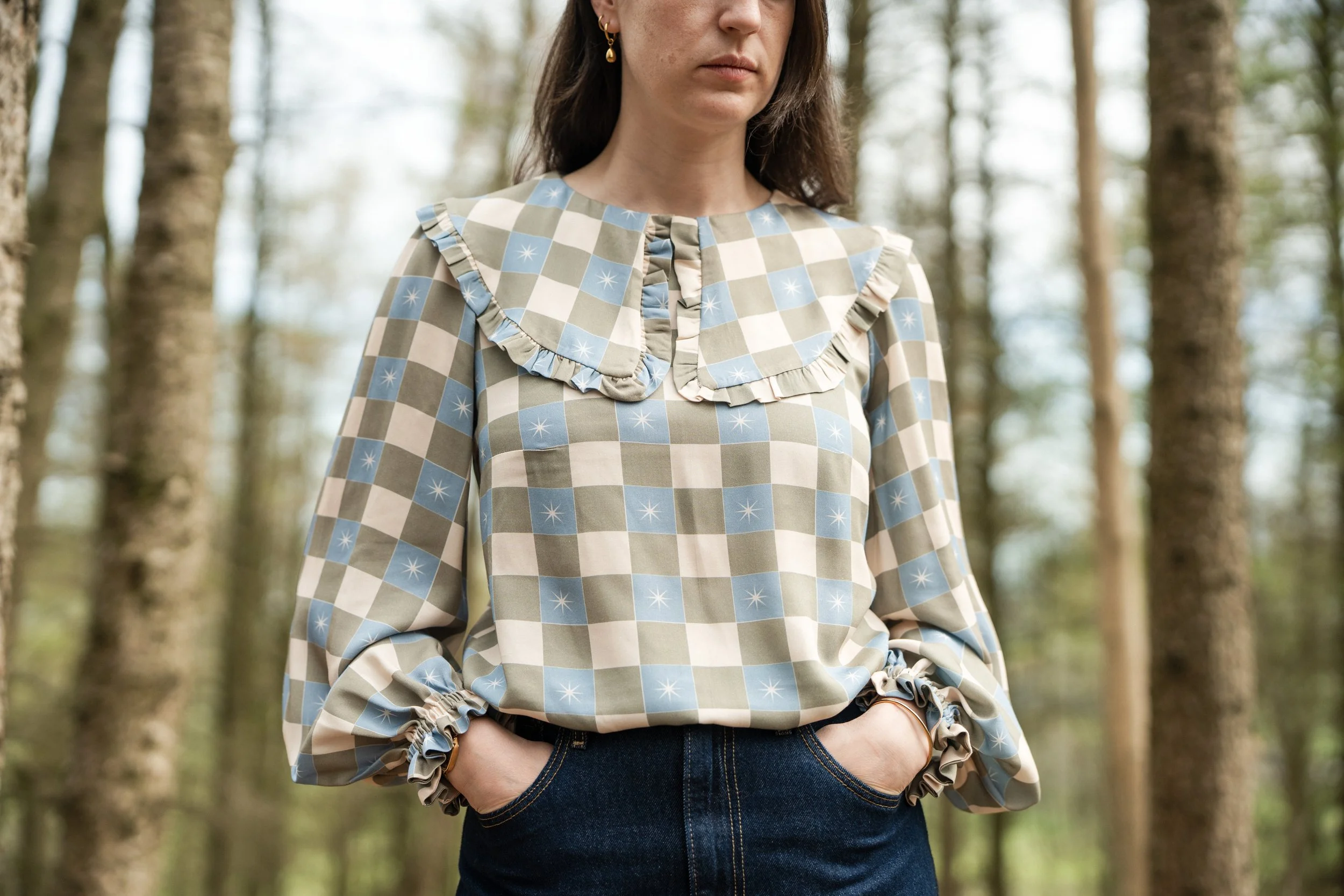 Green Check Star Print Blouse