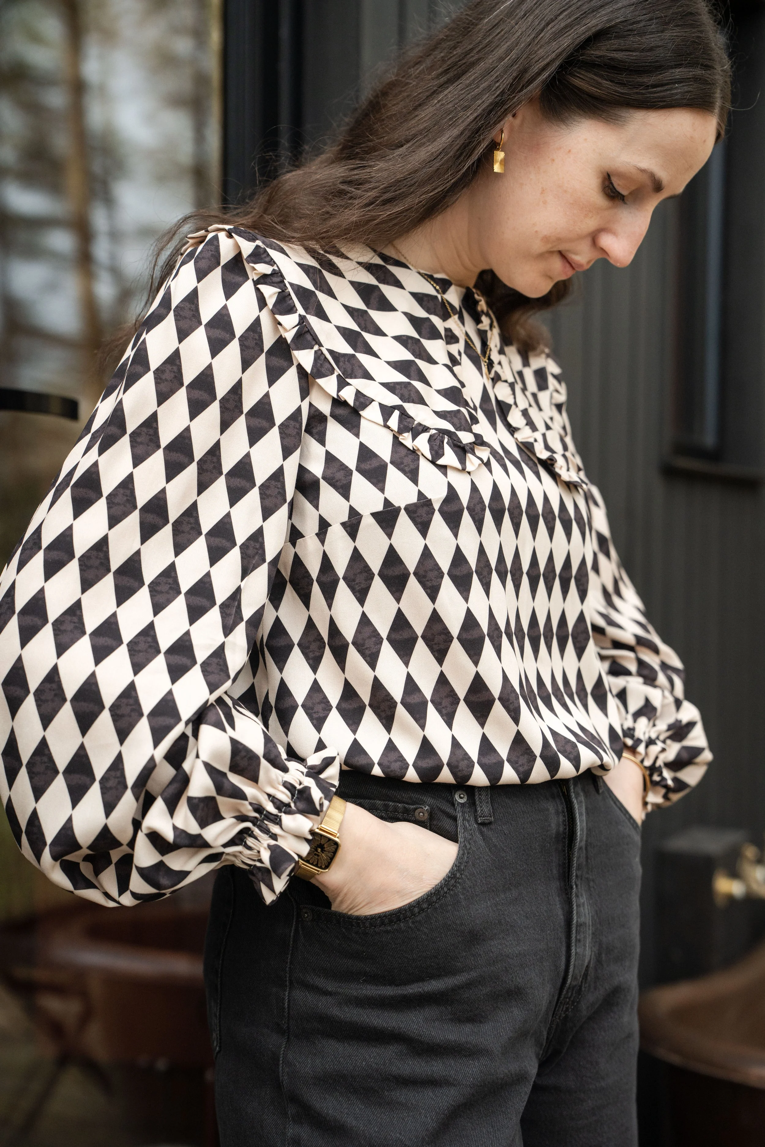 Monochrome Harlequin Frill Collared Blouse