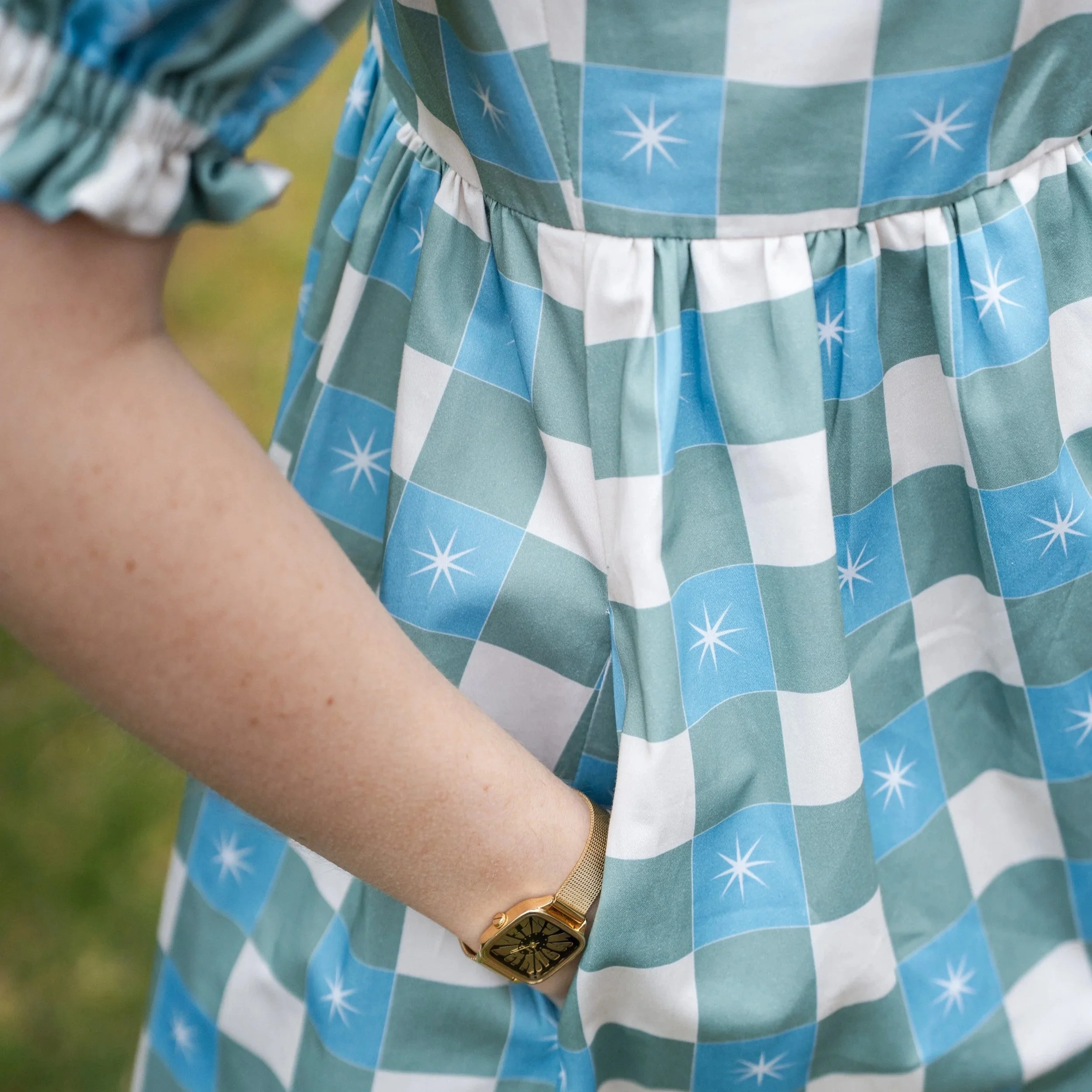 Green Checked Star Print Midi Dress