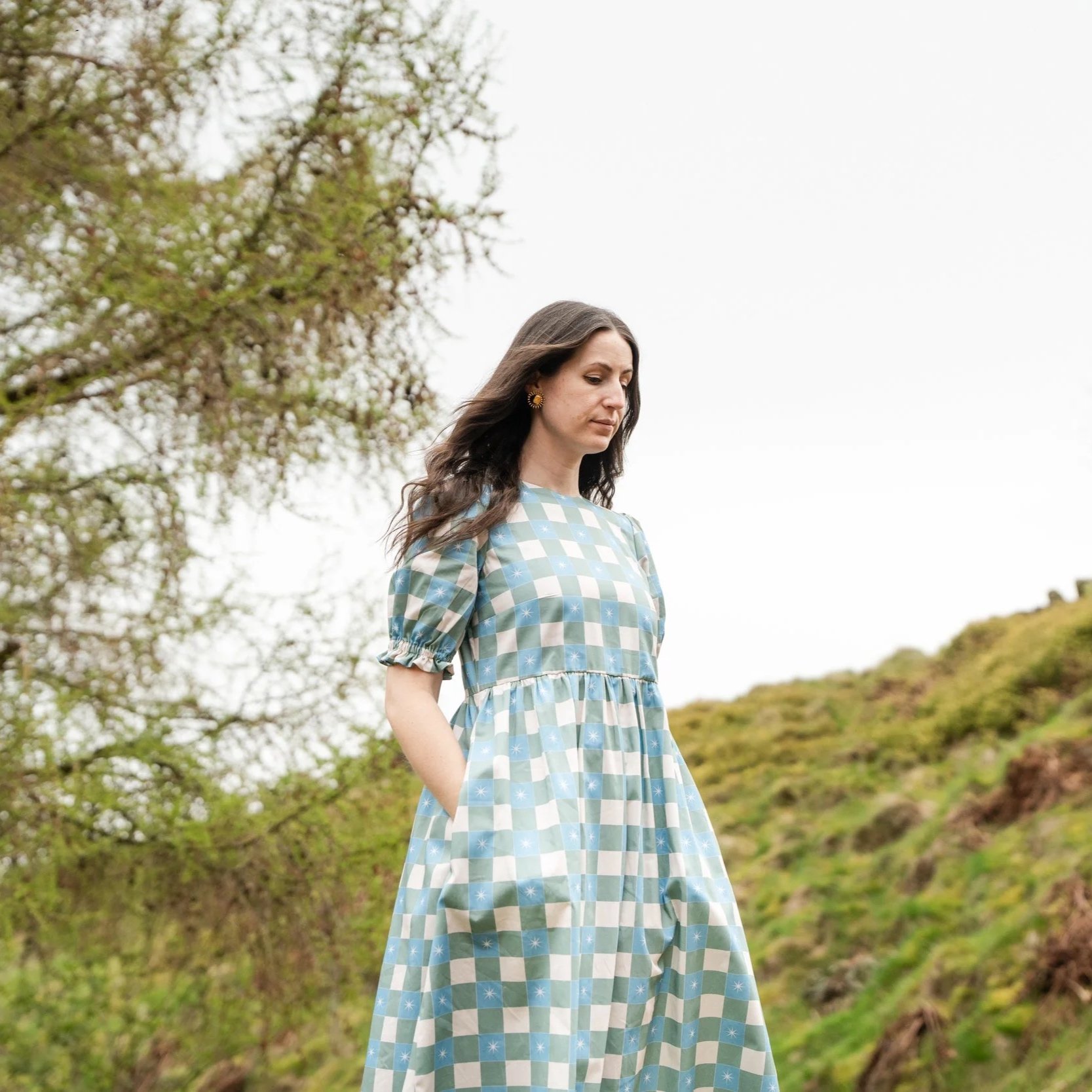 Green Checked Star Print Midi Dress