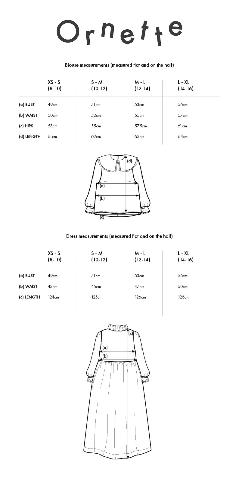 Ornette Size Chart for blouses and dresses with illustrations of each garment type and measurement guides for different sizes.