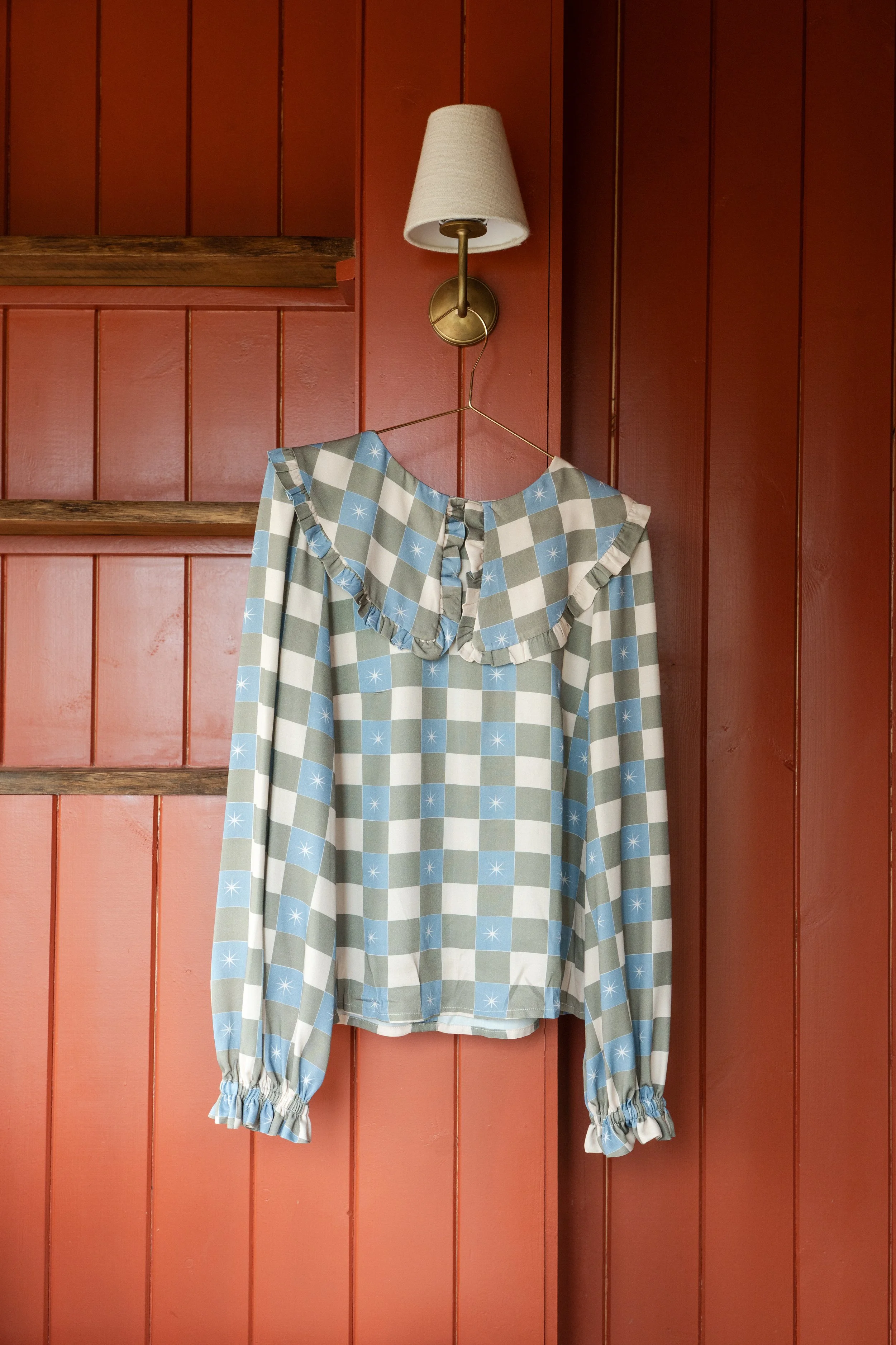 Green Check Star Print Blouse